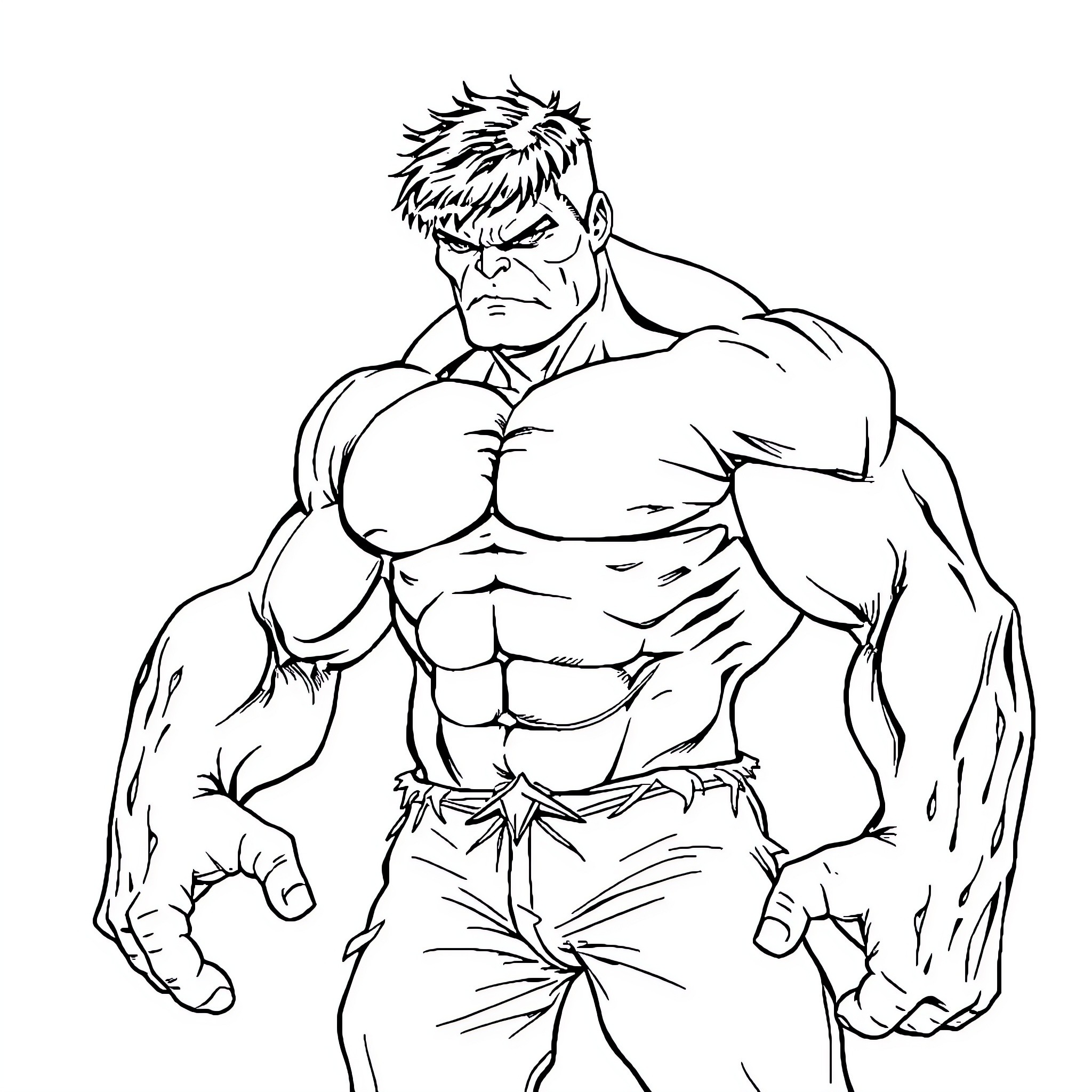 Hulk Flexing His Muscular Frame with Intensity Coloring Page (free black-and-white line drawing printable PDF for all, from beginners to advanced learners, including children, teens, adults, and seniors)