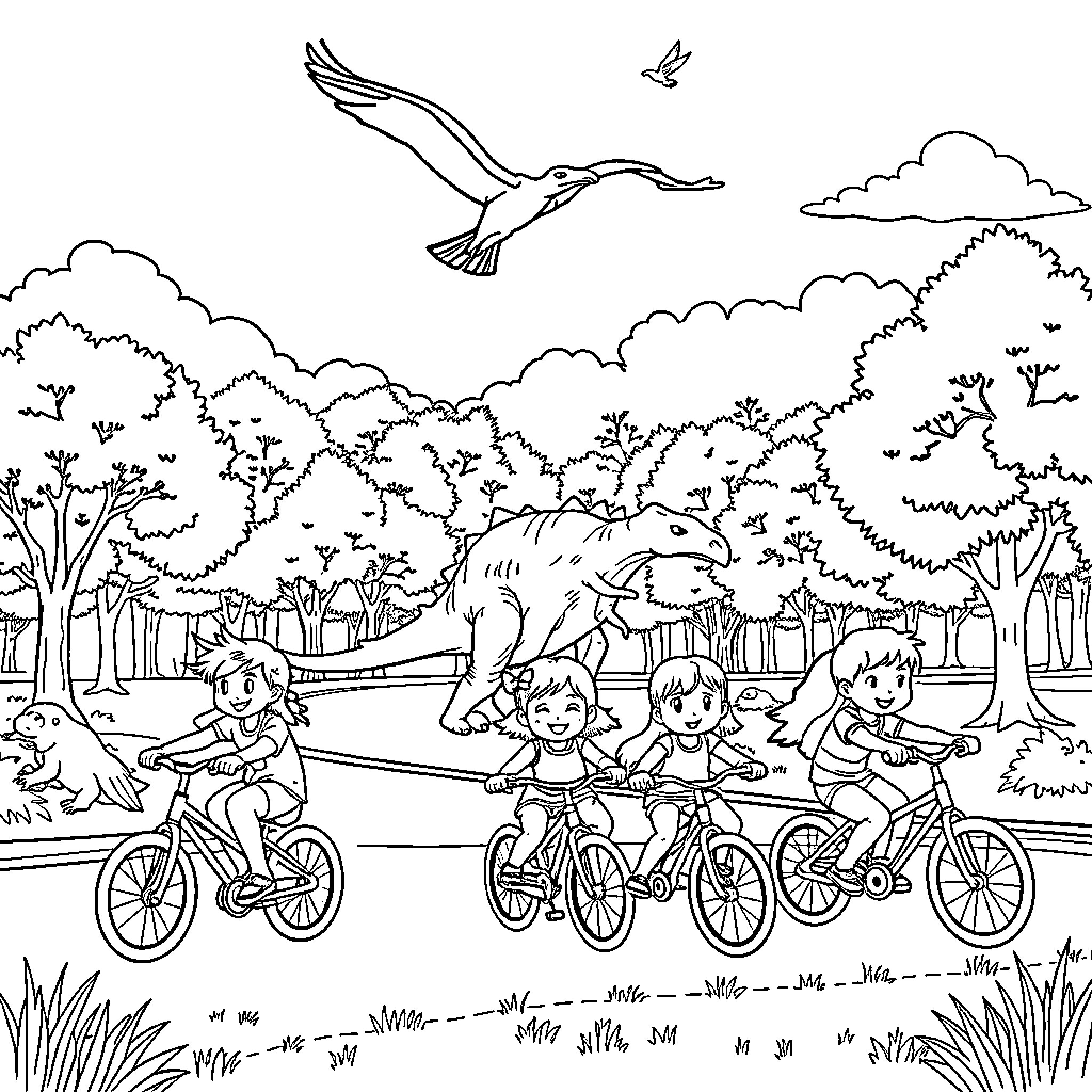 Dinosaur friends biking through the forest Coloring Page (free black-and-white line drawing printable PDF for all, from beginners to advanced learners, including children, teens, adults, and seniors)