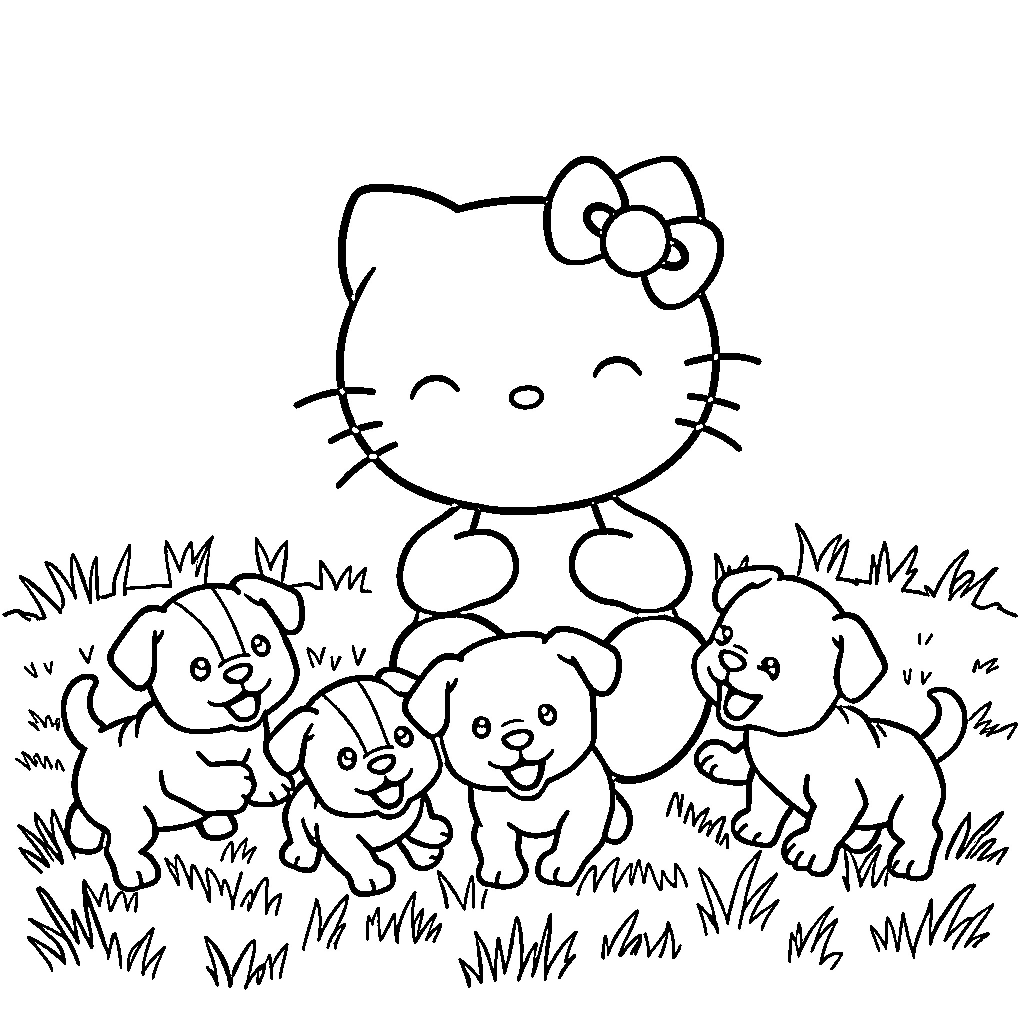 Hello Kitty playing with cute puppies in the grass Coloring Page (free black-and-white line drawing printable PDF for all, from beginners to advanced learners, including children, teens, adults, and seniors)