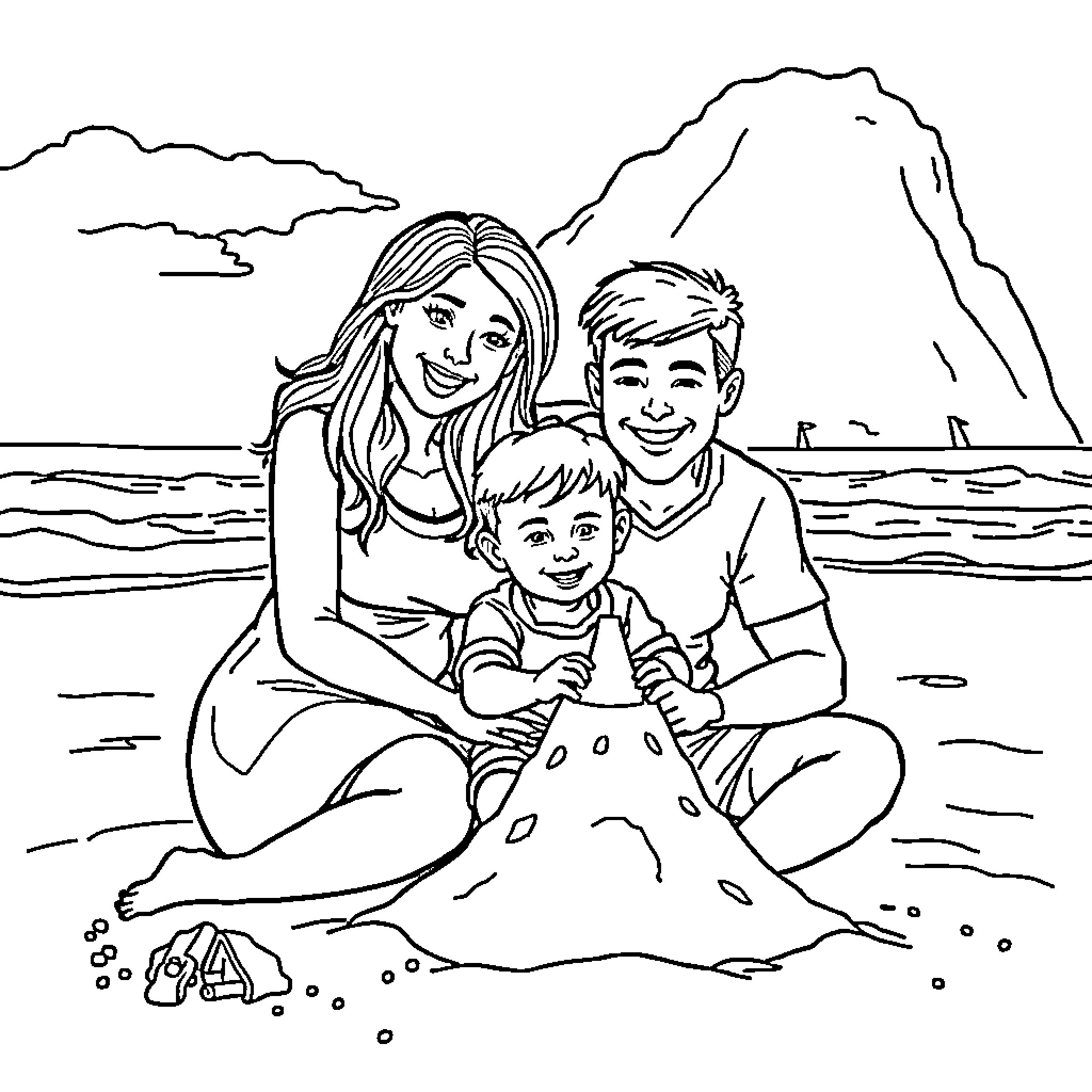Family Building Sandcastle on the Beach Coloring Page (free black-and-white line drawing printable PDF for all, from beginners to advanced learners, including children, teens, adults, and seniors)