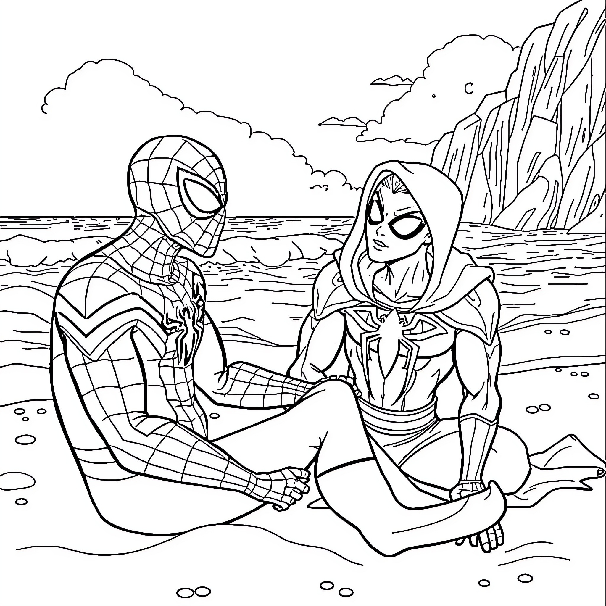 Spider-Man and Mysterious Figure Converse on Rocky Shore Coloring Page (free black-and-white line drawing printable PDF for all, from beginners to advanced learners, including children, teens, adults, and seniors)