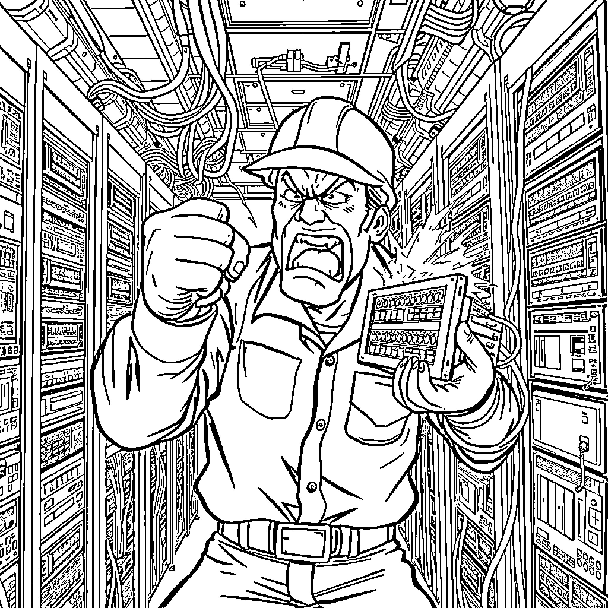 Network Engineer Troubleshooting Complex Server Infrastructure Coloring Page (free black-and-white line drawing printable PDF for all, from beginners to advanced learners, including children, teens, adults, and seniors)
