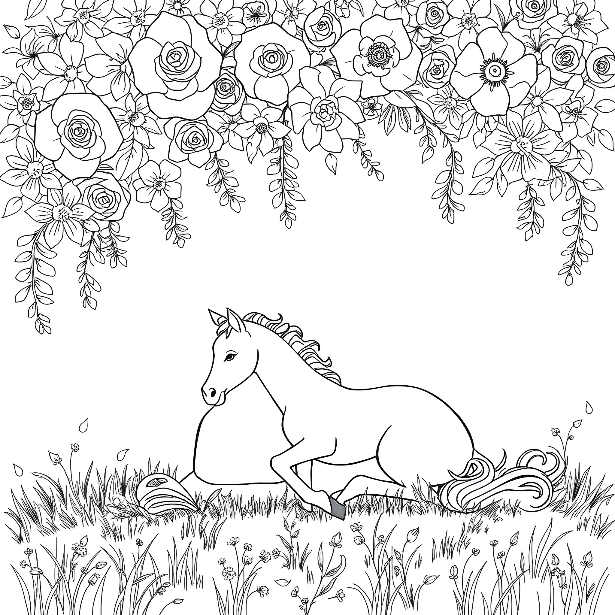 Horse resting in a floral meadow Coloring Page (free black-and-white line drawing printable PDF for all, from beginners to advanced learners, including children, teens, adults, and seniors)