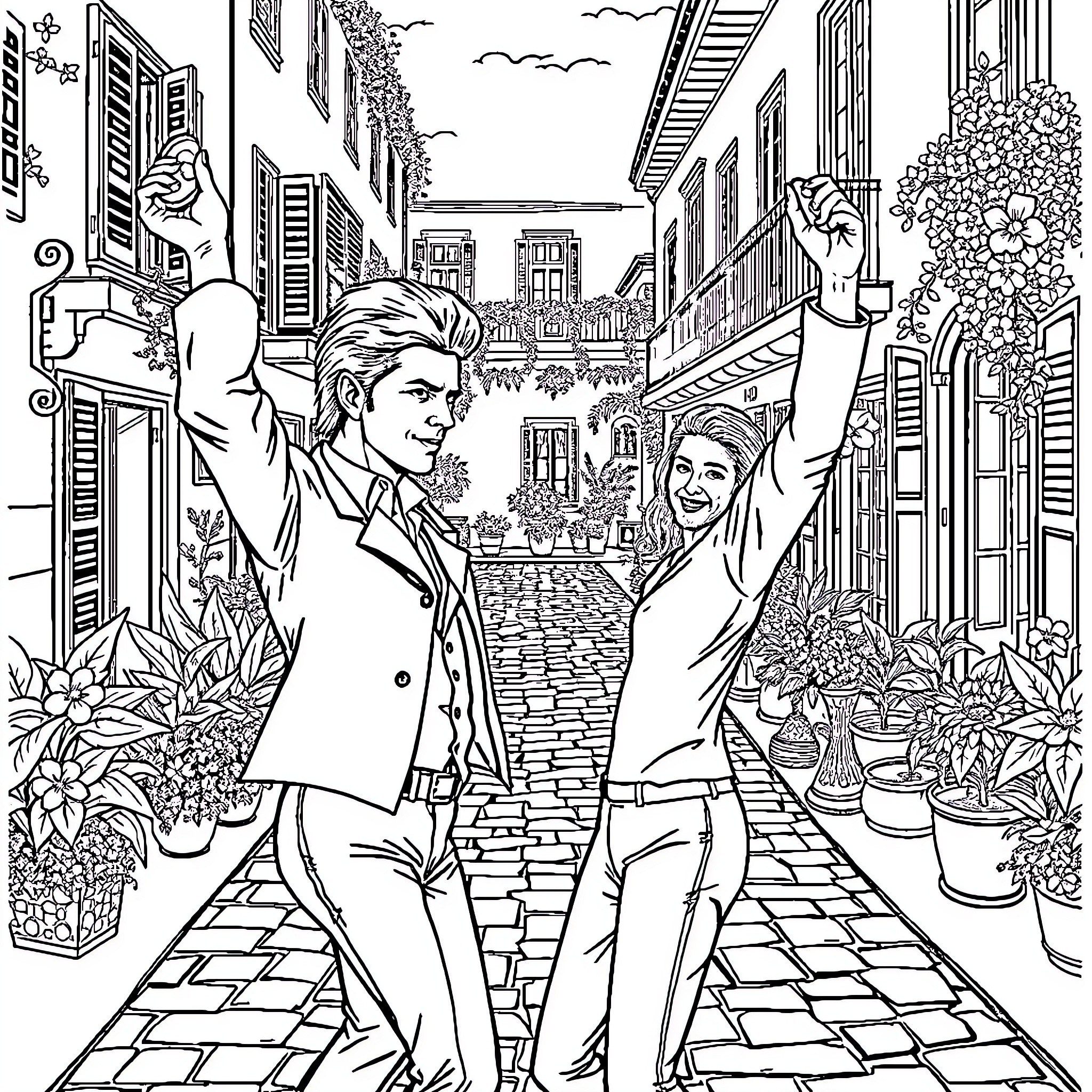 David Bowie Celebrates on a Vibrant City Street Coloring Page (free black-and-white line drawing printable PDF for all, from beginners to advanced learners, including children, teens, adults, and seniors)