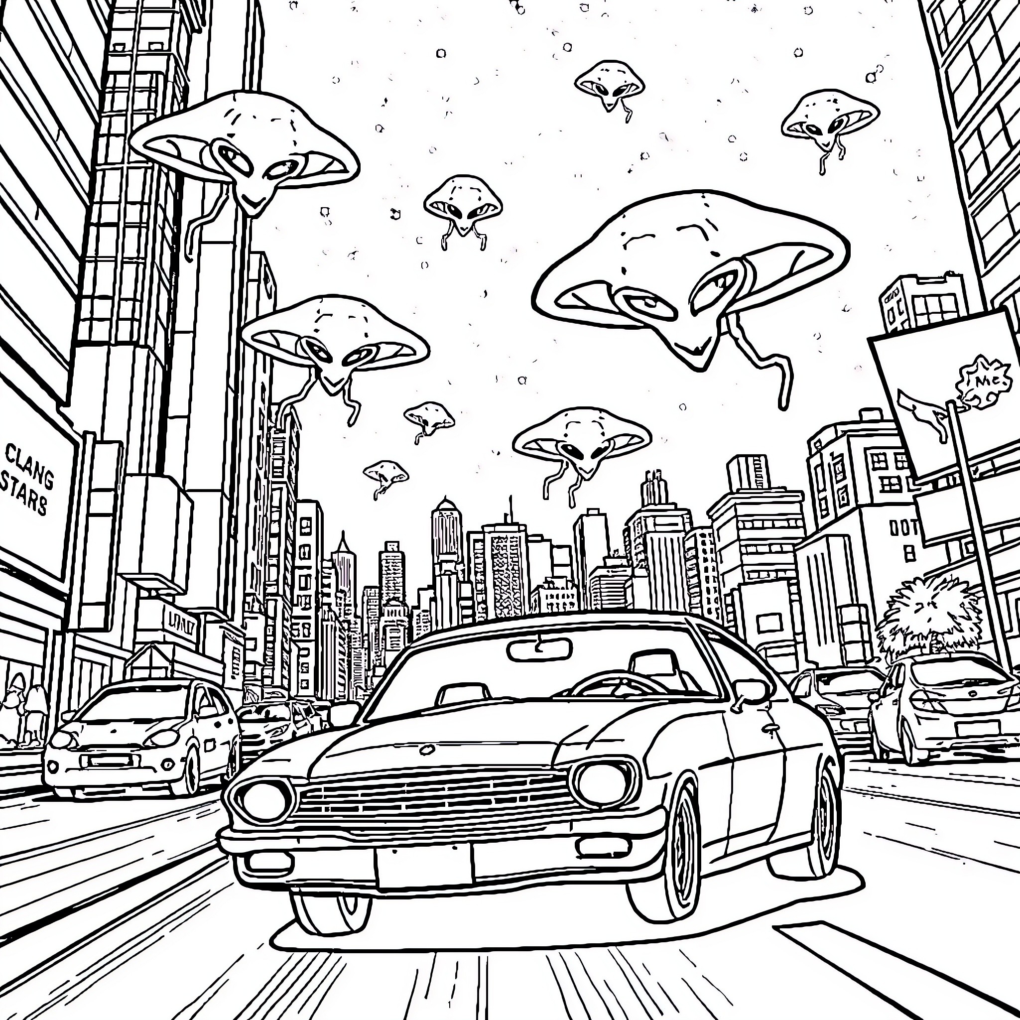 Car racing through a surreal urban landscape Coloring Page (free black-and-white line drawing printable PDF for all, from beginners to advanced learners, including children, teens, adults, and seniors)