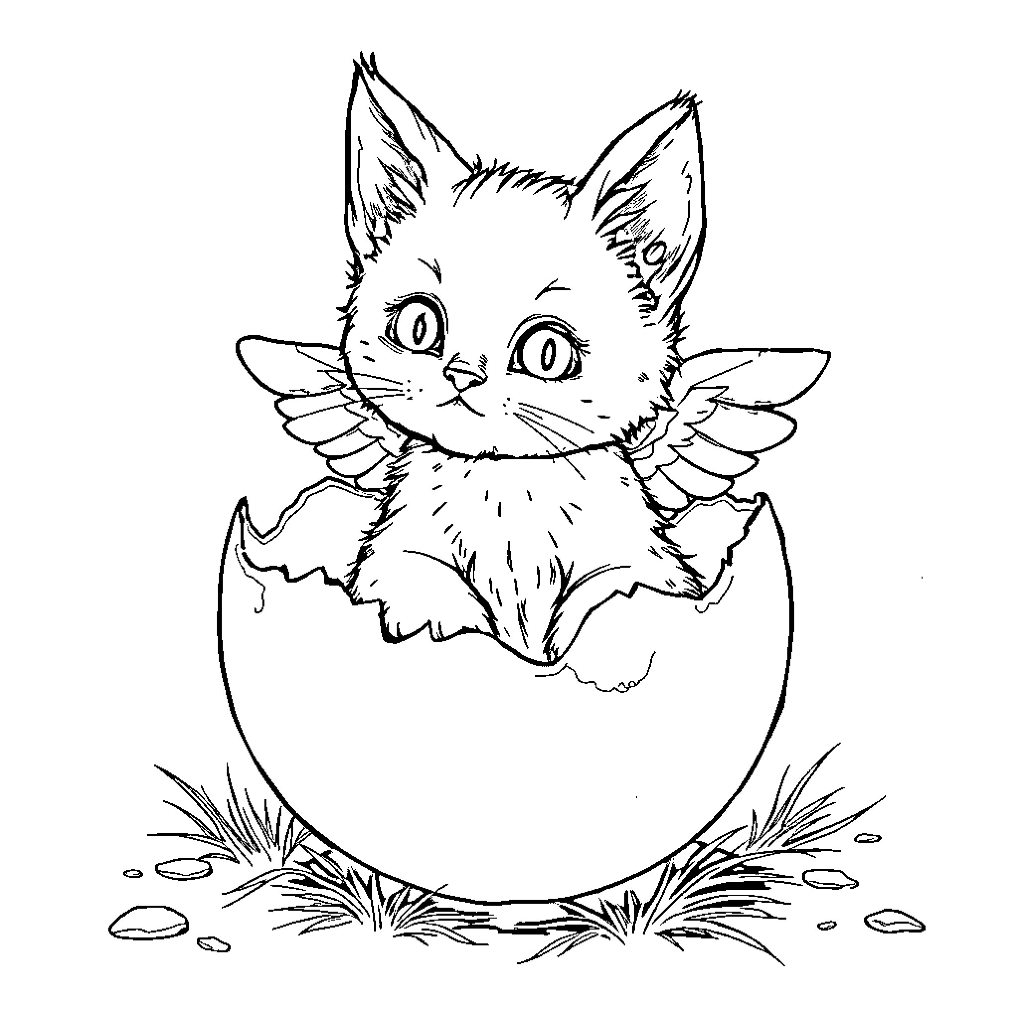 Kitty hatching from an egg Coloring Page (free black-and-white line drawing printable PDF for all, from beginners to advanced learners, including children, teens, adults, and seniors)