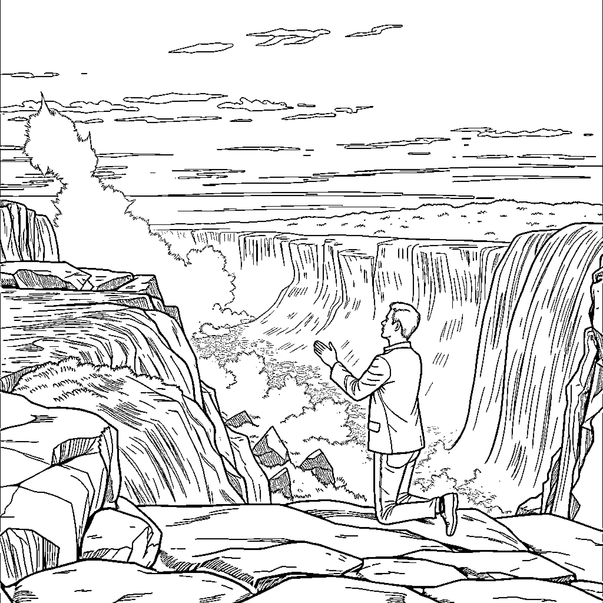 Man standing in awe of majestic waterfall landscape Coloring Page (free black-and-white line drawing printable PDF for all, from beginners to advanced learners, including children, teens, adults, and seniors)