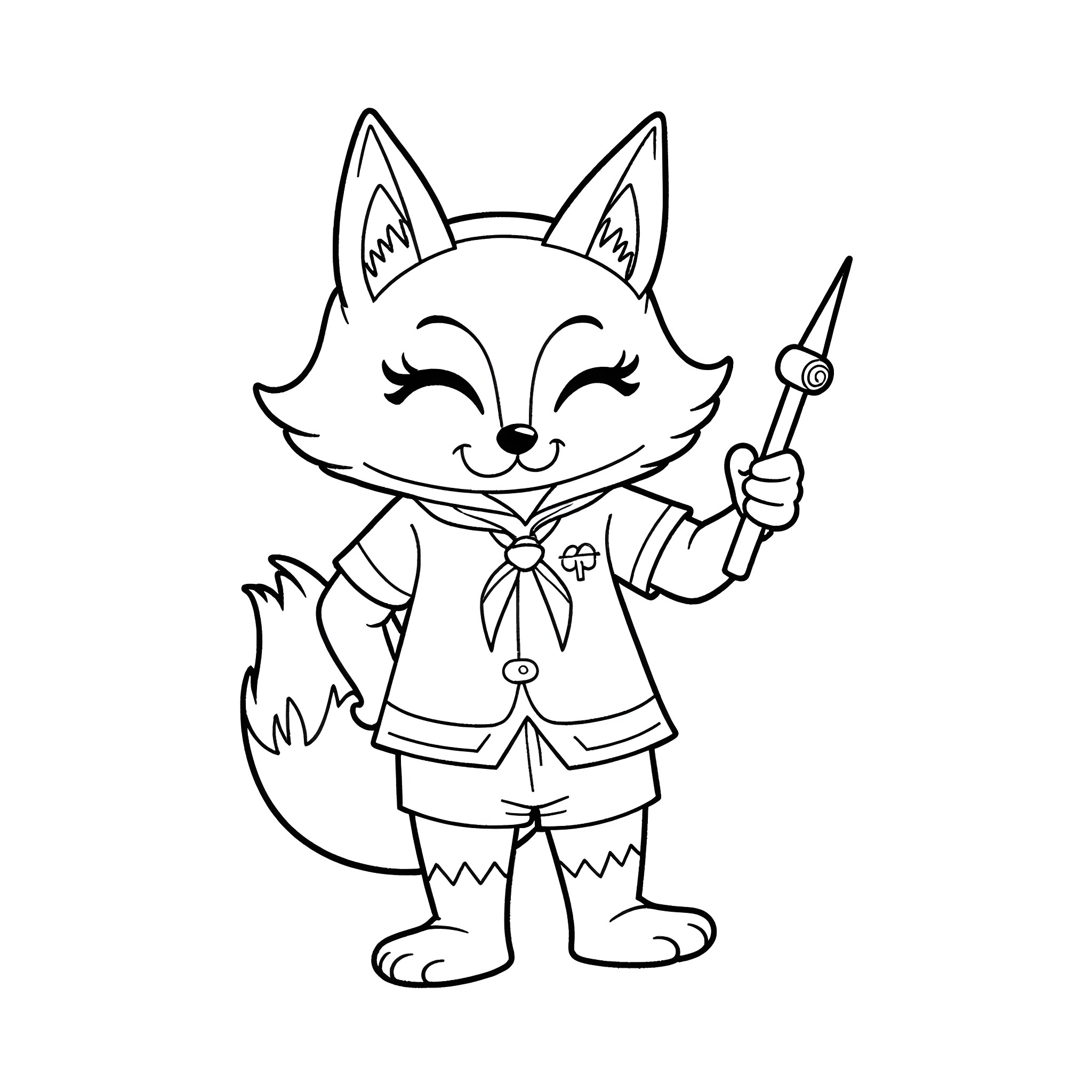 Fox holding a tool with a happy expression Coloring Page (free black-and-white line drawing printable PDF for all, from beginners to advanced learners, including children, teens, adults, and seniors)