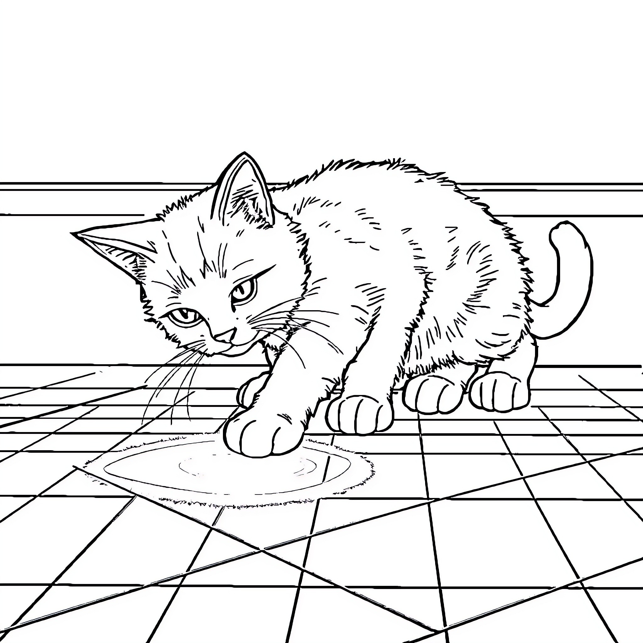 Cat exploring the abstract tiled floor Coloring Page (free black-and-white line drawing printable PDF for all, from beginners to advanced learners, including children, teens, adults, and seniors)