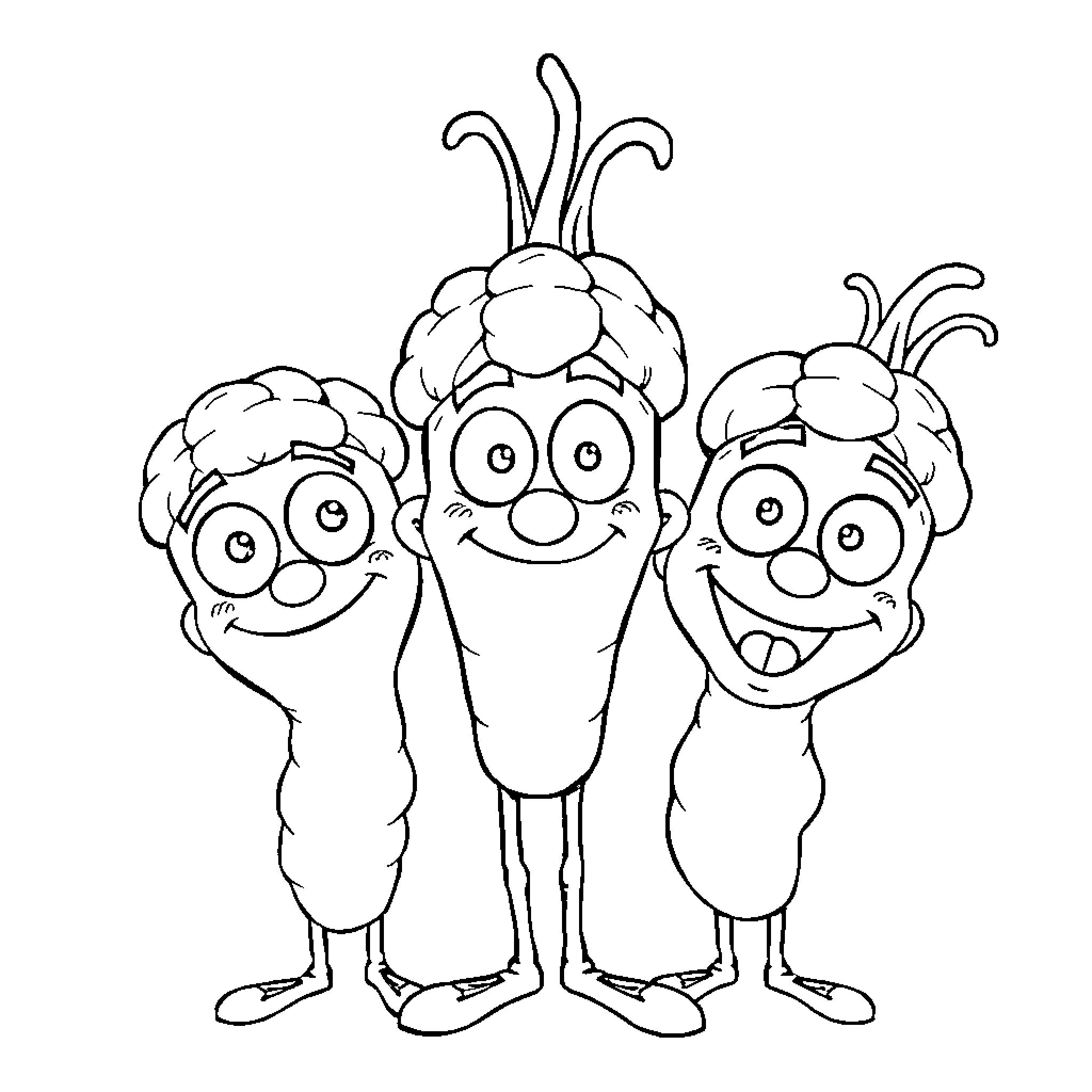 Brainrot trio of whimsical cartoon characters Coloring Page (free black-and-white line drawing printable PDF for all, from beginners to advanced learners, including children, teens, adults, and seniors)