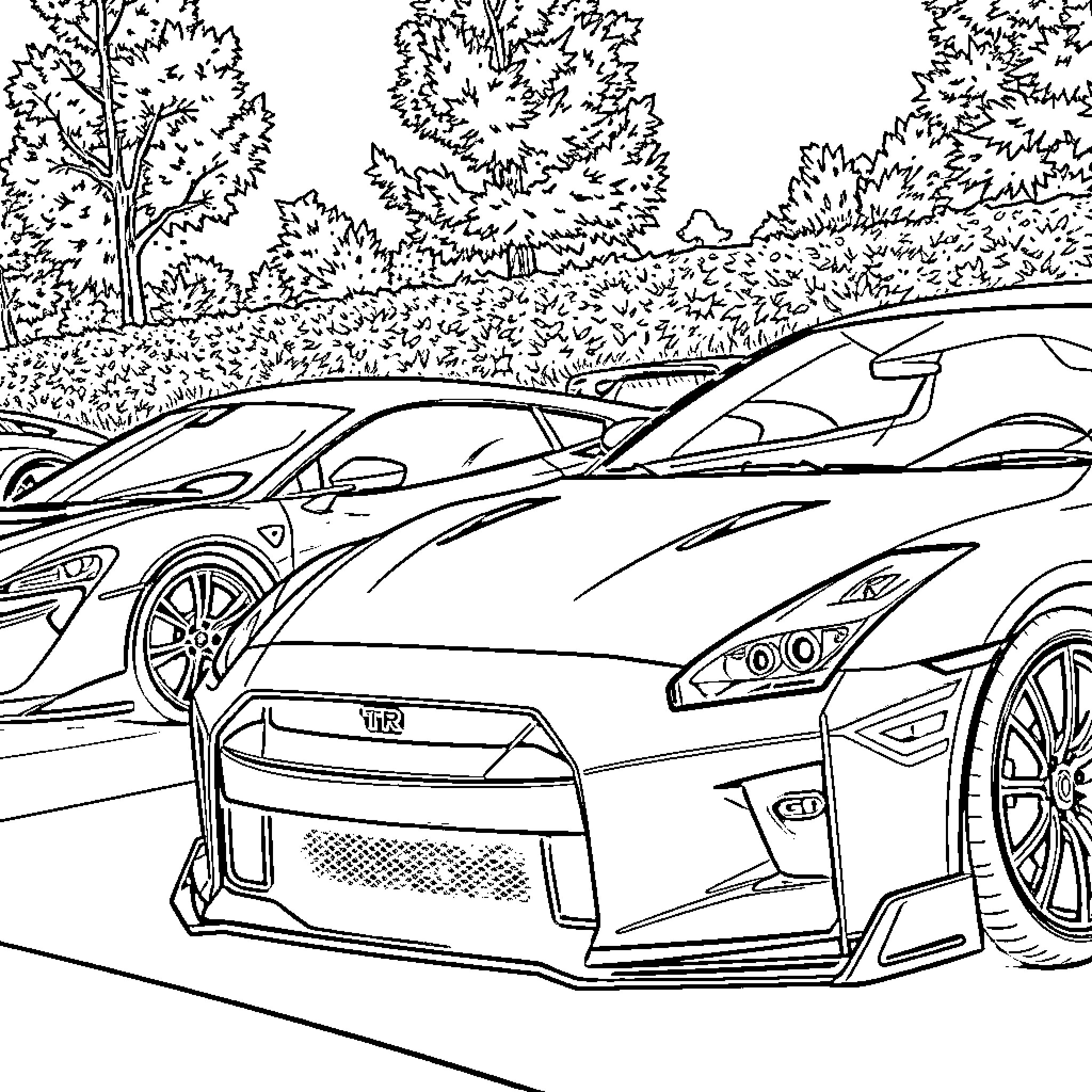 Car racing on the road in the forest Coloring Page (free black-and-white line drawing printable PDF for all, from beginners to advanced learners, including children, teens, adults, and seniors)