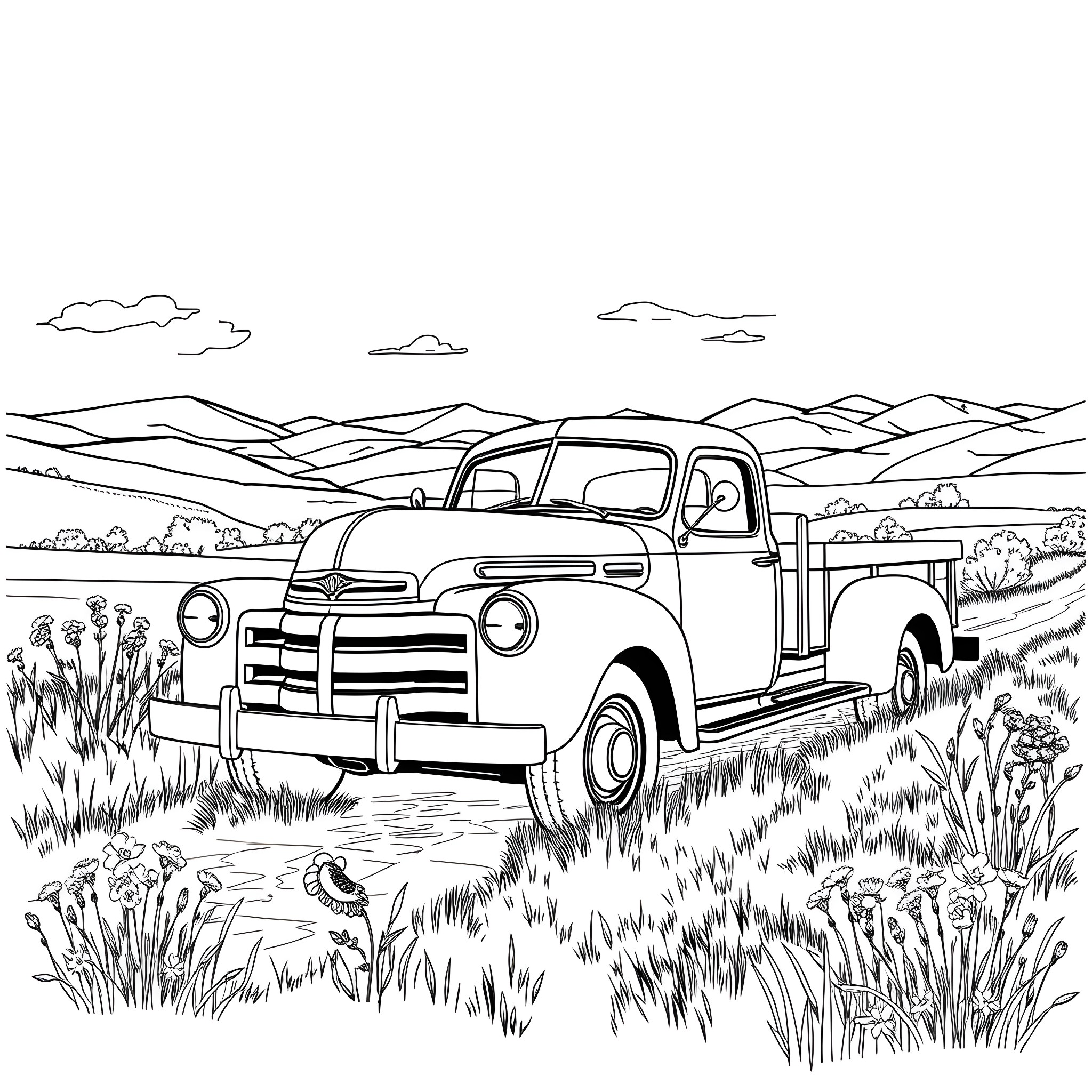 Truck in a rural countryside landscape Coloring Page (free black-and-white line drawing printable PDF for all, from beginners to advanced learners, including children, teens, adults, and seniors)