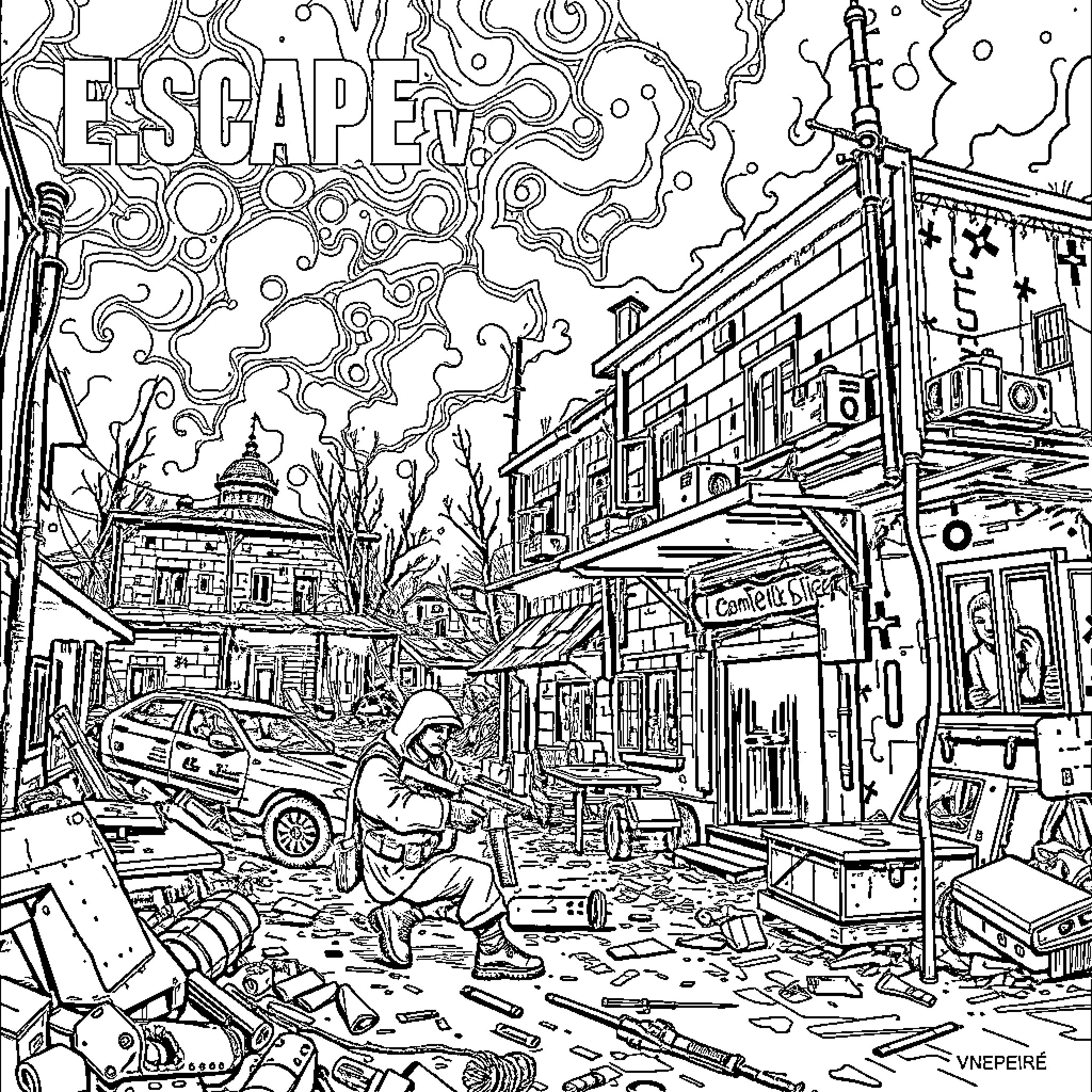 Escape From Tarkov: Chaotic Urban Aftermath Coloring Page (free black-and-white line drawing printable PDF for all, from beginners to advanced learners, including children, teens, adults, and seniors)