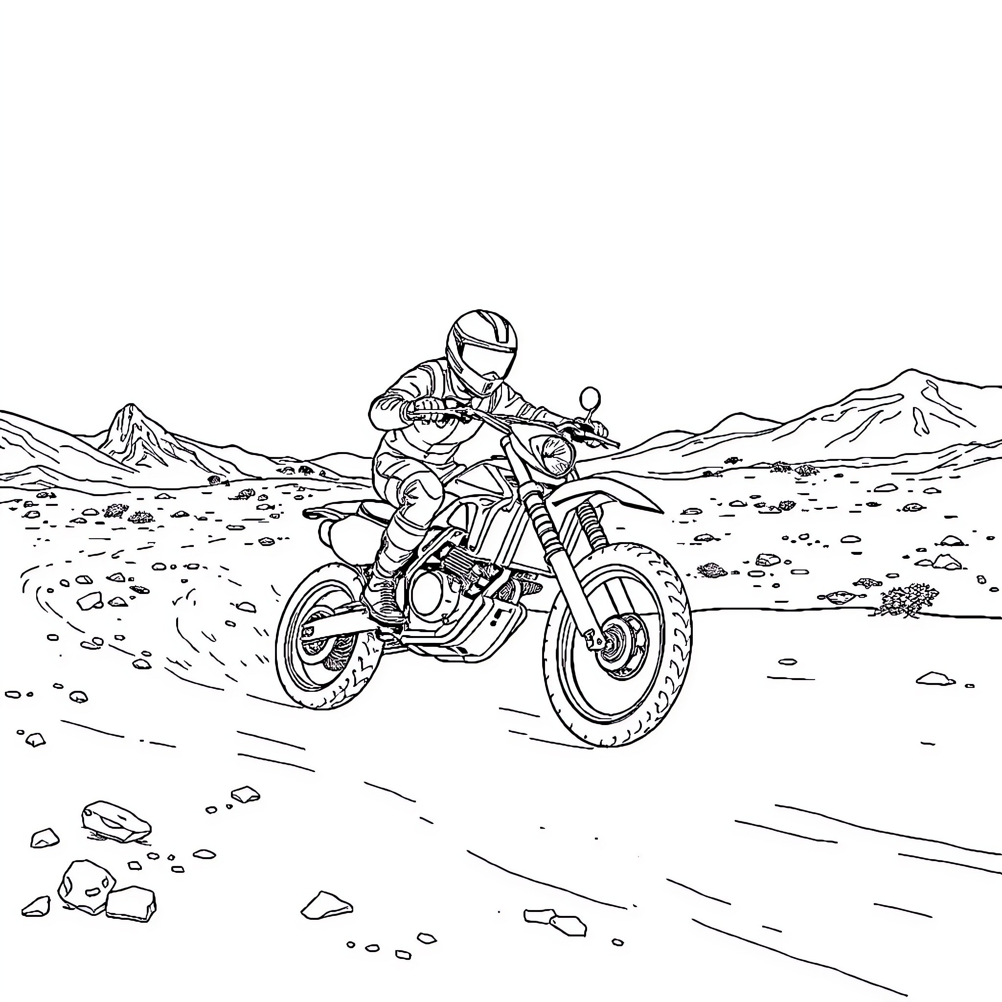 Moto Rider Navigating Rugged Terrain Coloring Page (free black-and-white line drawing printable PDF for all, from beginners to advanced learners, including children, teens, adults, and seniors)