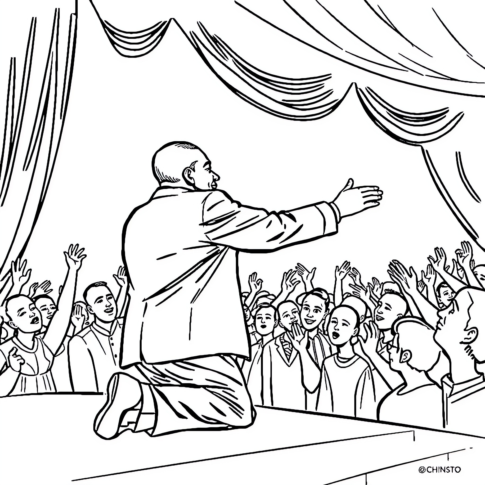 William Ruto Addressing Enthusiastic Crowd Coloring Page (free black-and-white line drawing printable PDF for all, from beginners to advanced learners, including children, teens, adults, and seniors)