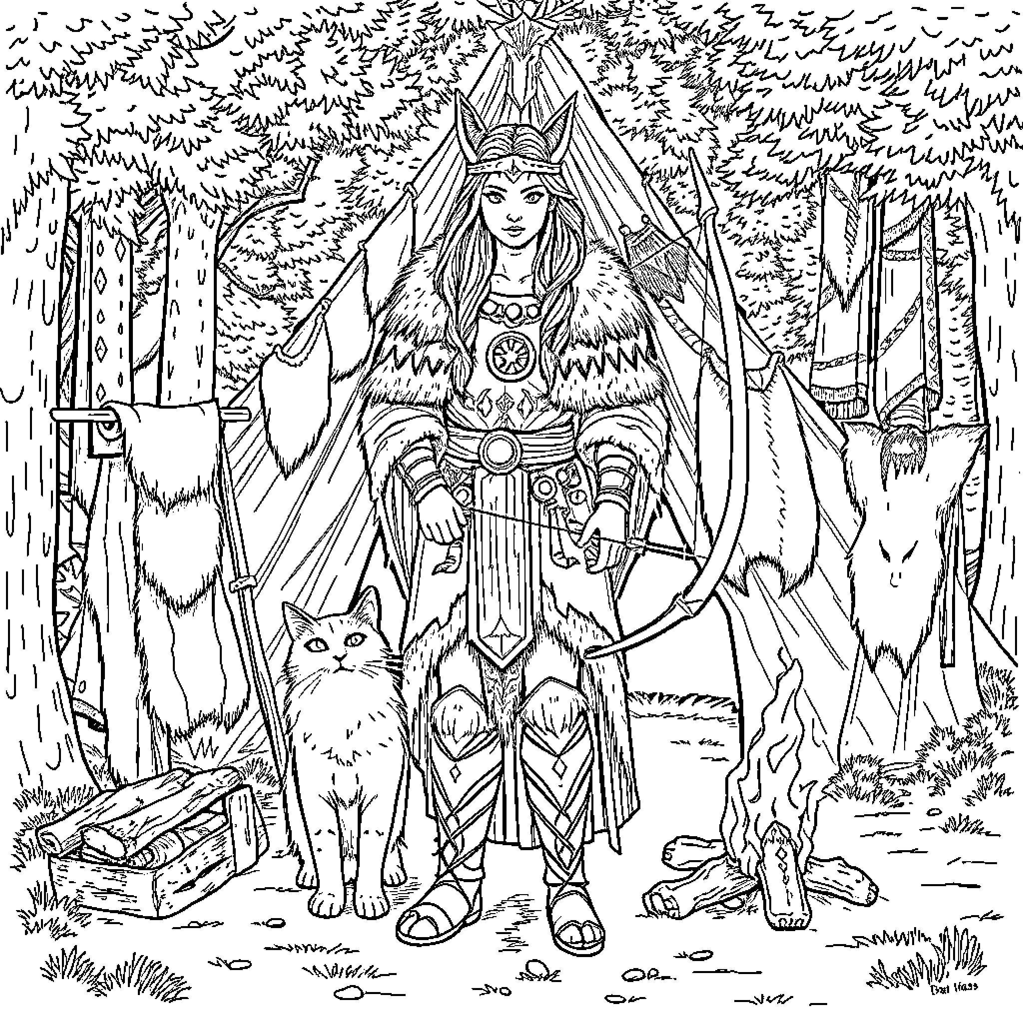Freya, the Warrior Maiden and Her Feline Companion in the Forest Coloring Page (free black-and-white line drawing printable PDF for all, from beginners to advanced learners, including children, teens, adults, and seniors)