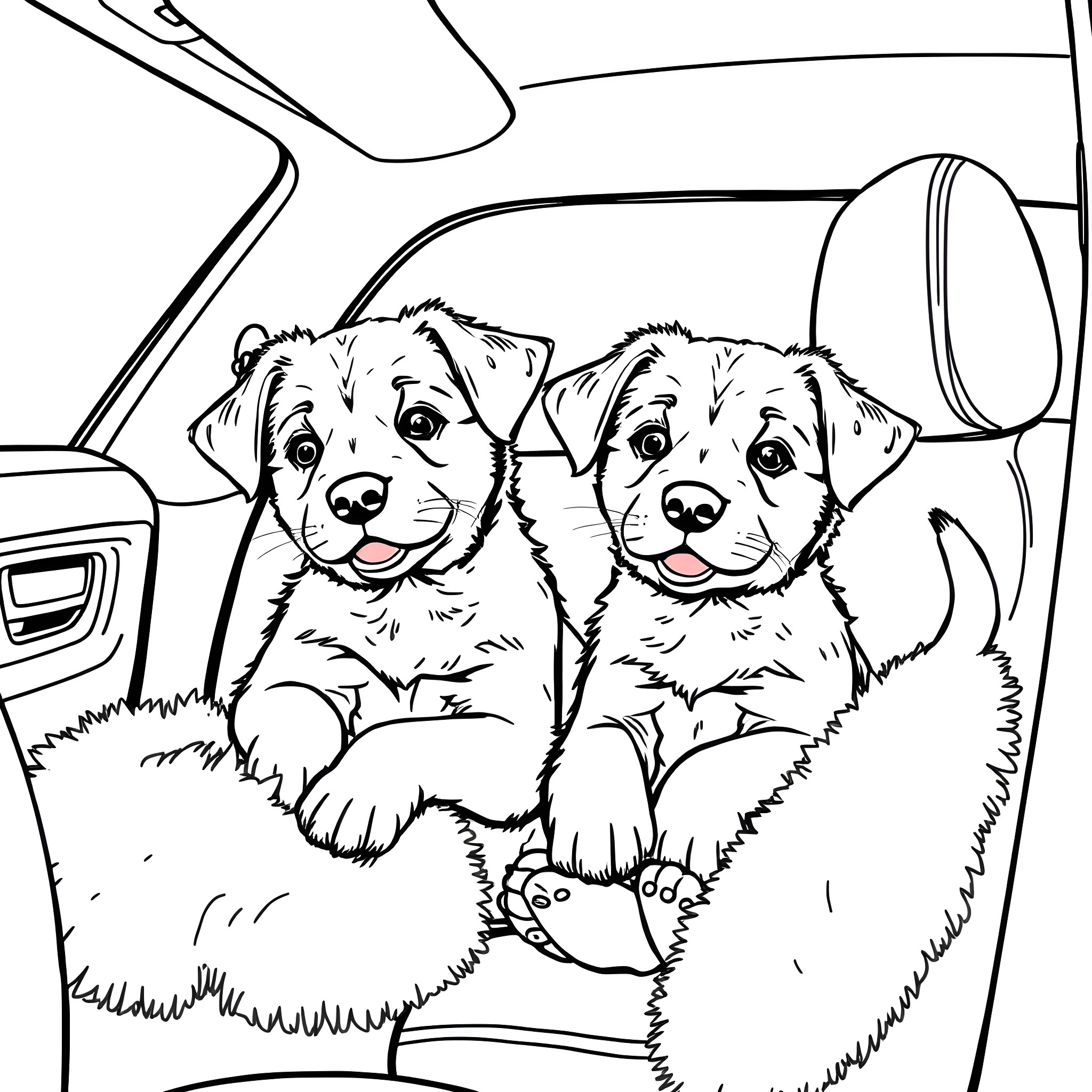 Puppies Sitting Happily in Car Coloring Page (free black-and-white line drawing printable PDF for all, from beginners to advanced learners, including children, teens, adults, and seniors)