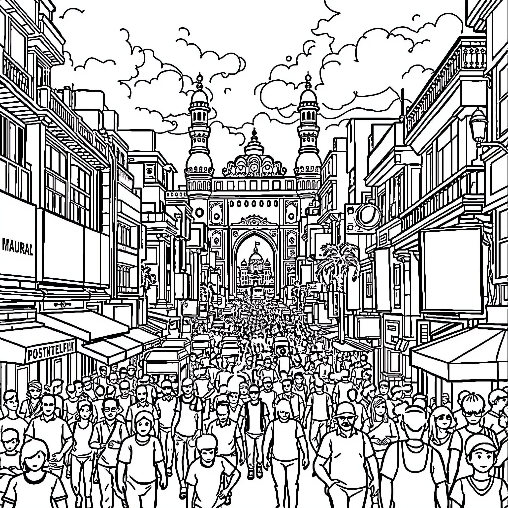 Mumbai's Bustling Street Scene with Iconic Architecture Coloring Page (free black-and-white line drawing printable PDF for all, from beginners to advanced learners, including children, teens, adults, and seniors)