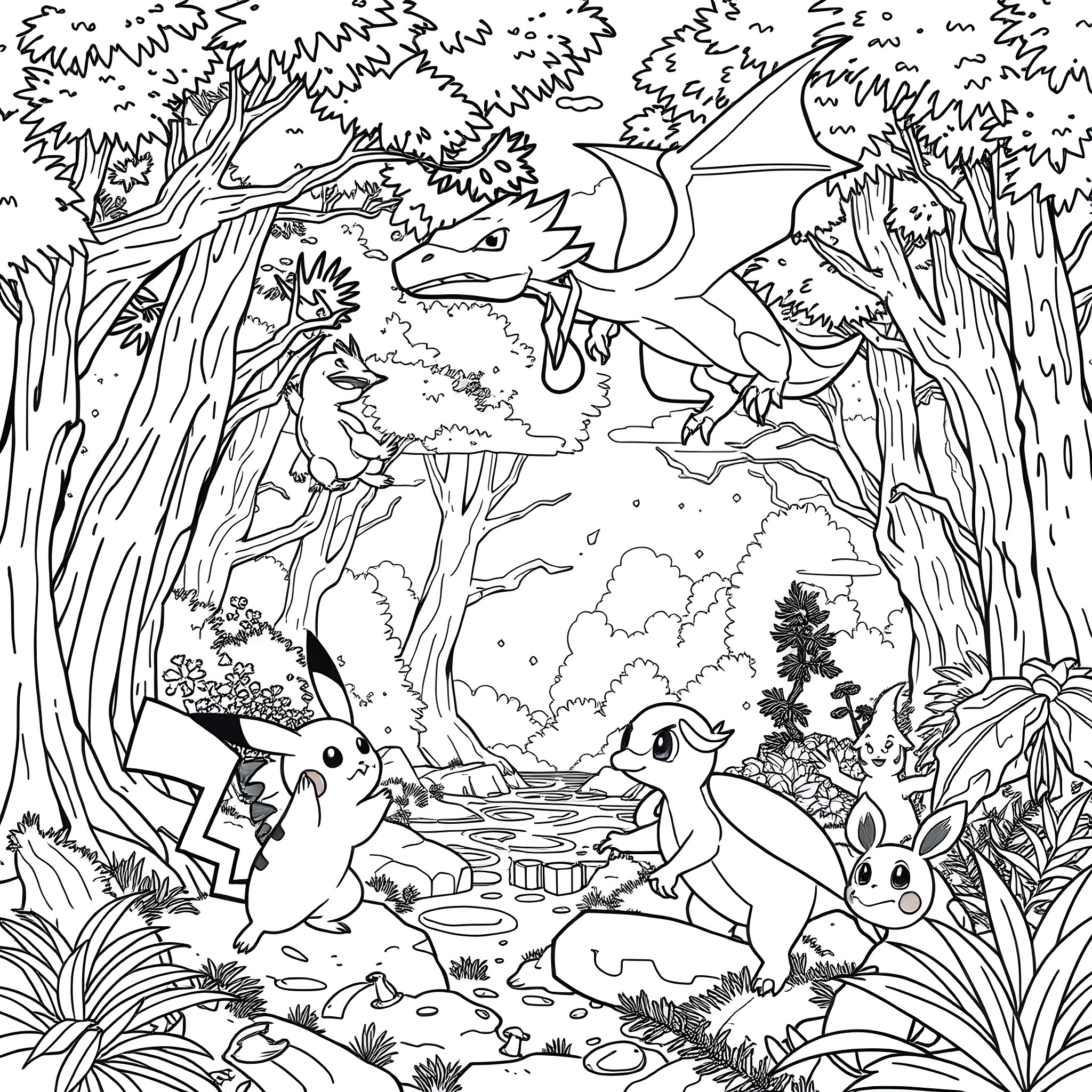 Pokémon creatures exploring the enchanted forest Coloring Page (free black-and-white line drawing printable PDF for all, from beginners to advanced learners, including children, teens, adults, and seniors)