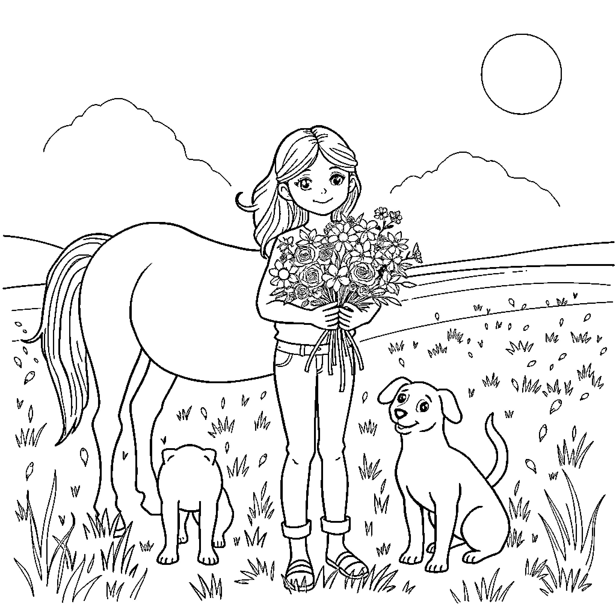 Girl holding a bouquet of flowers and walking with her dog Coloring Page (free black-and-white line drawing printable PDF for all, from beginners to advanced learners, including children, teens, adults, and seniors)