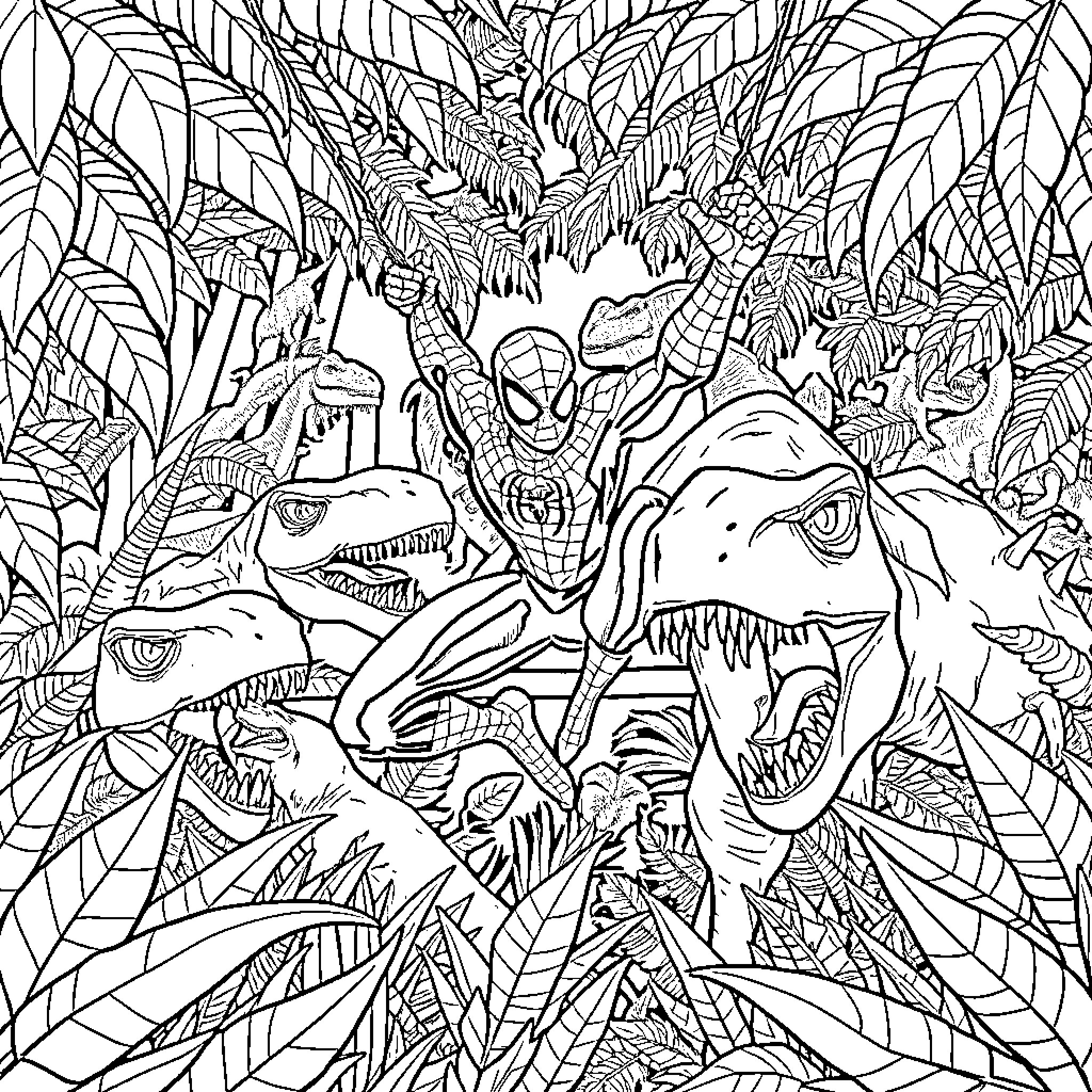 Spiderman battles ferocious dinosaurs in a lush jungle landscape Coloring Page (free black-and-white line drawing printable PDF for all, from beginners to advanced learners, including children, teens, adults, and seniors)