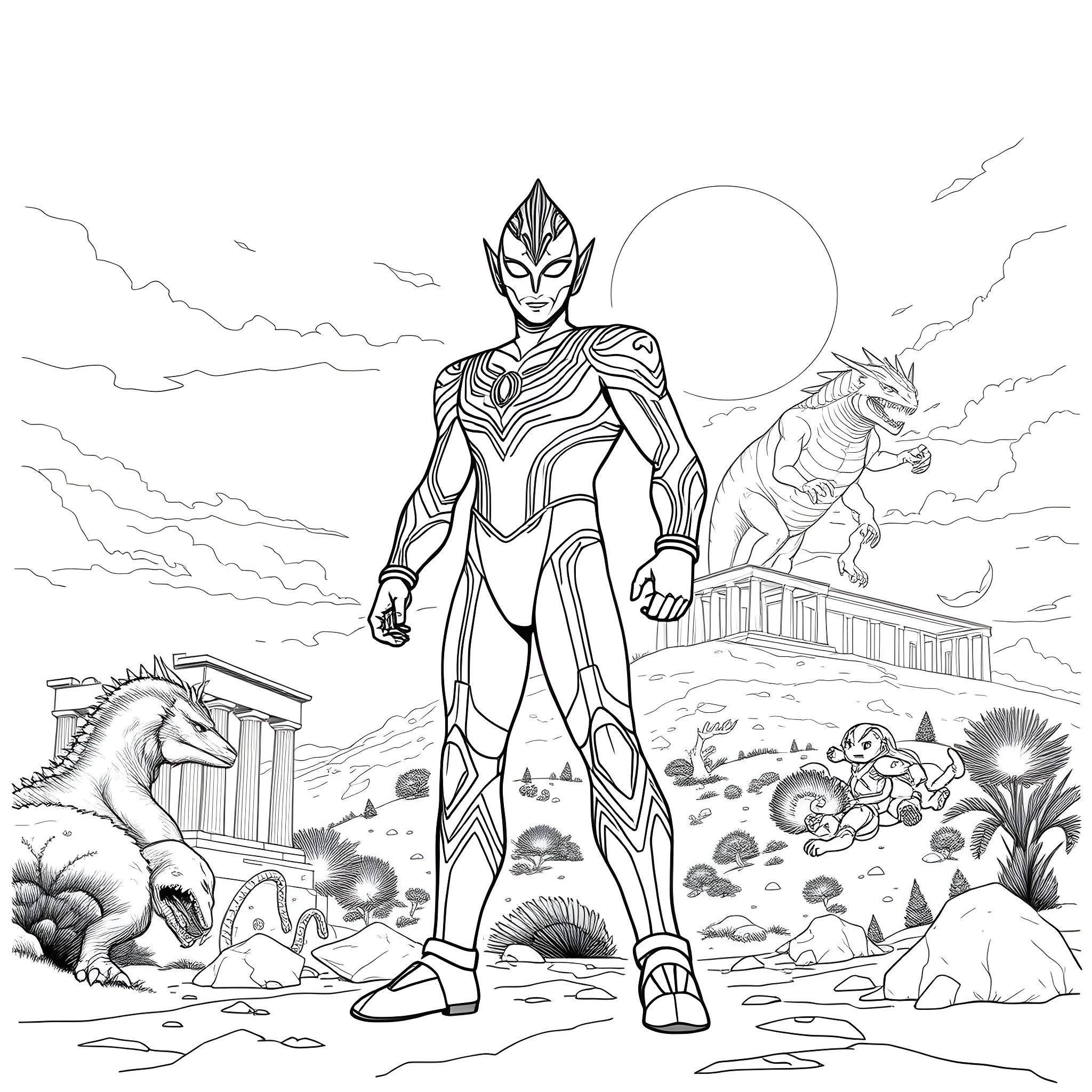 Ultraman battles fierce monsters in a dramatic scene Coloring Page (free black-and-white line drawing printable PDF for all, from beginners to advanced learners, including children, teens, adults, and seniors)