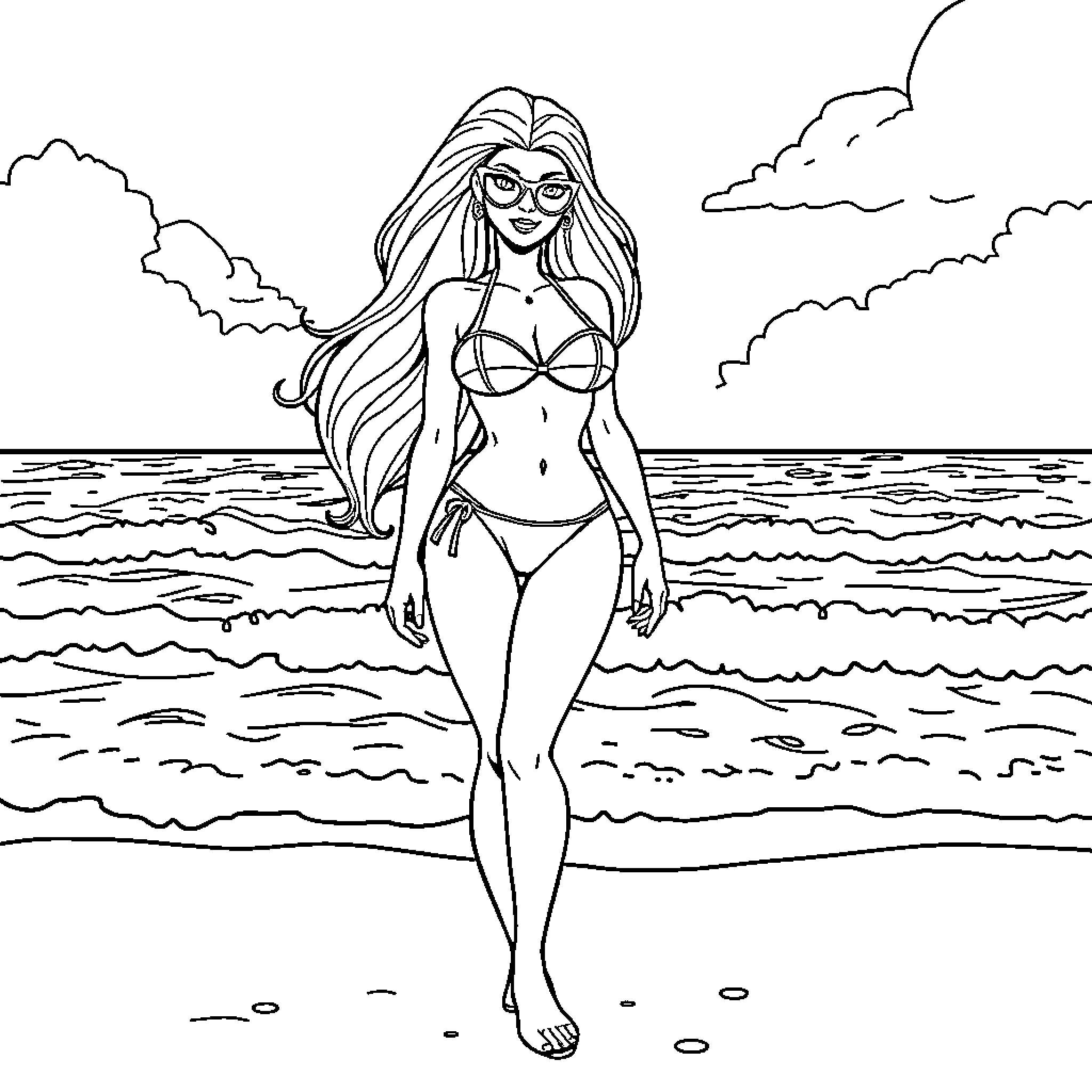 Starfire walking on the beach Coloring Page (free black-and-white line drawing printable PDF for all, from beginners to advanced learners, including children, teens, adults, and seniors)