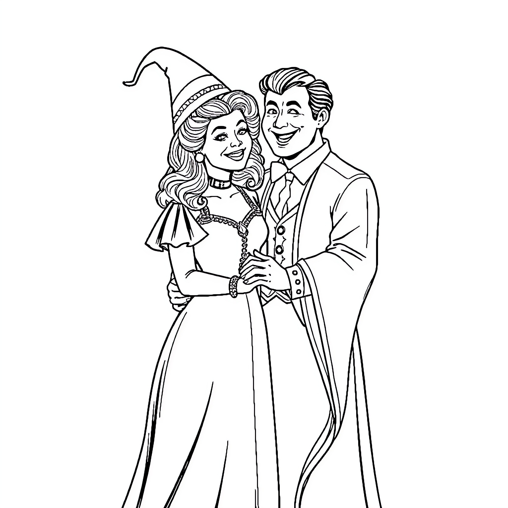 Glinda and Wizard in Formal Dance Attire Coloring Page (free black-and-white line drawing printable PDF for all, from beginners to advanced learners, including children, teens, adults, and seniors)