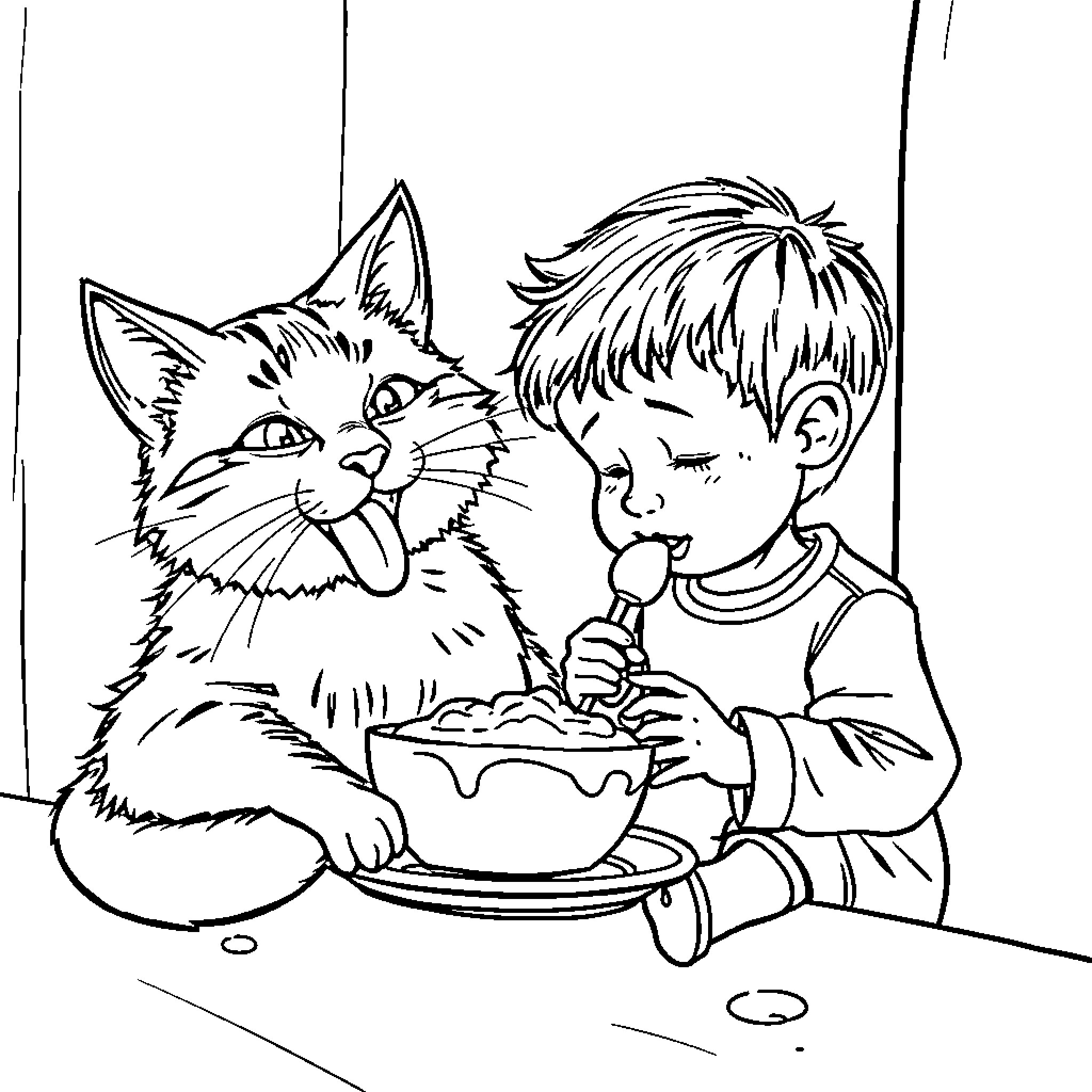 Cat and Boy Sharing a Snack Coloring Page (free black-and-white line drawing printable PDF for all, from beginners to advanced learners, including children, teens, adults, and seniors)