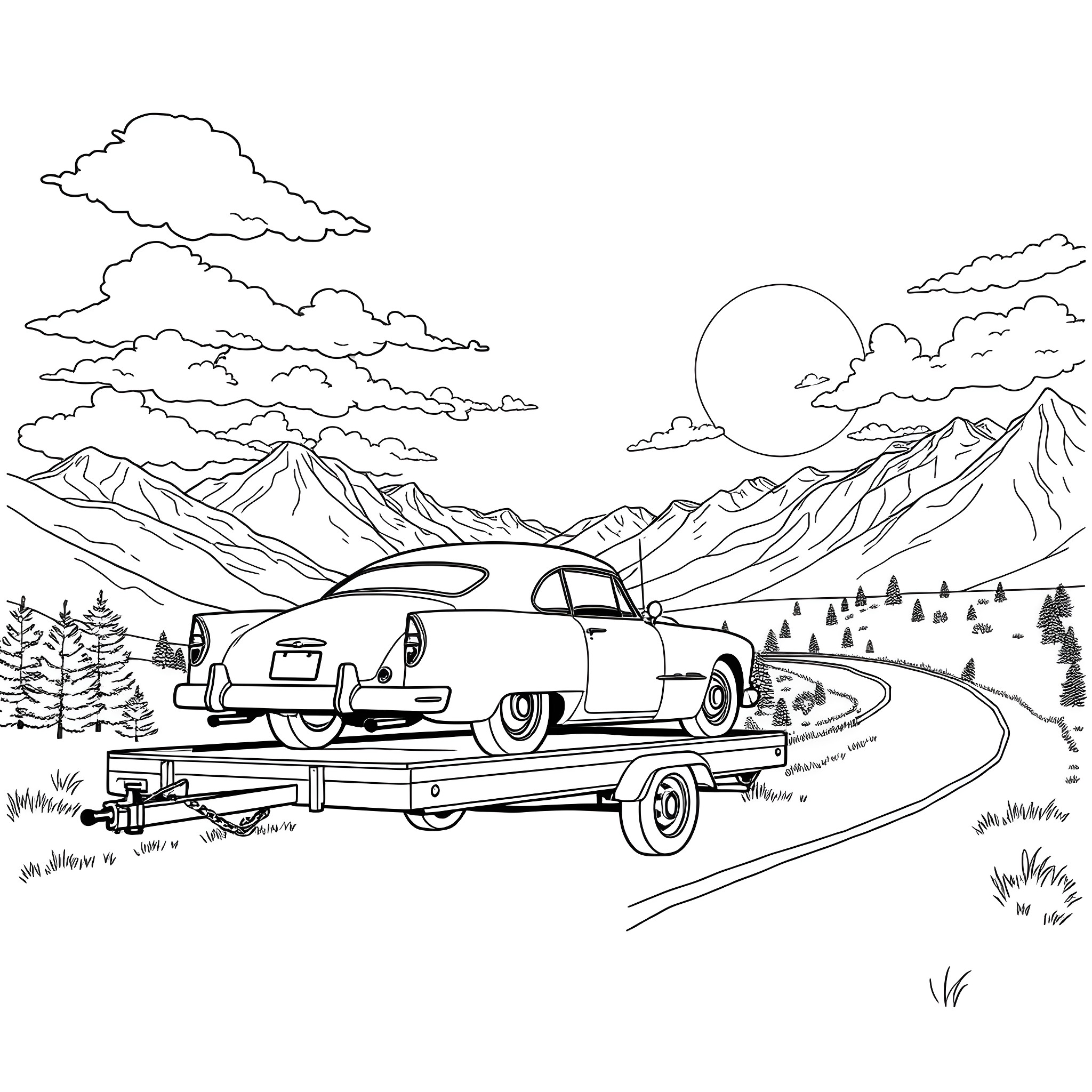 Car being transported on a trailer through mountainous landscape Coloring Page (free black-and-white line drawing printable PDF for all, from beginners to advanced learners, including children, teens, adults, and seniors)