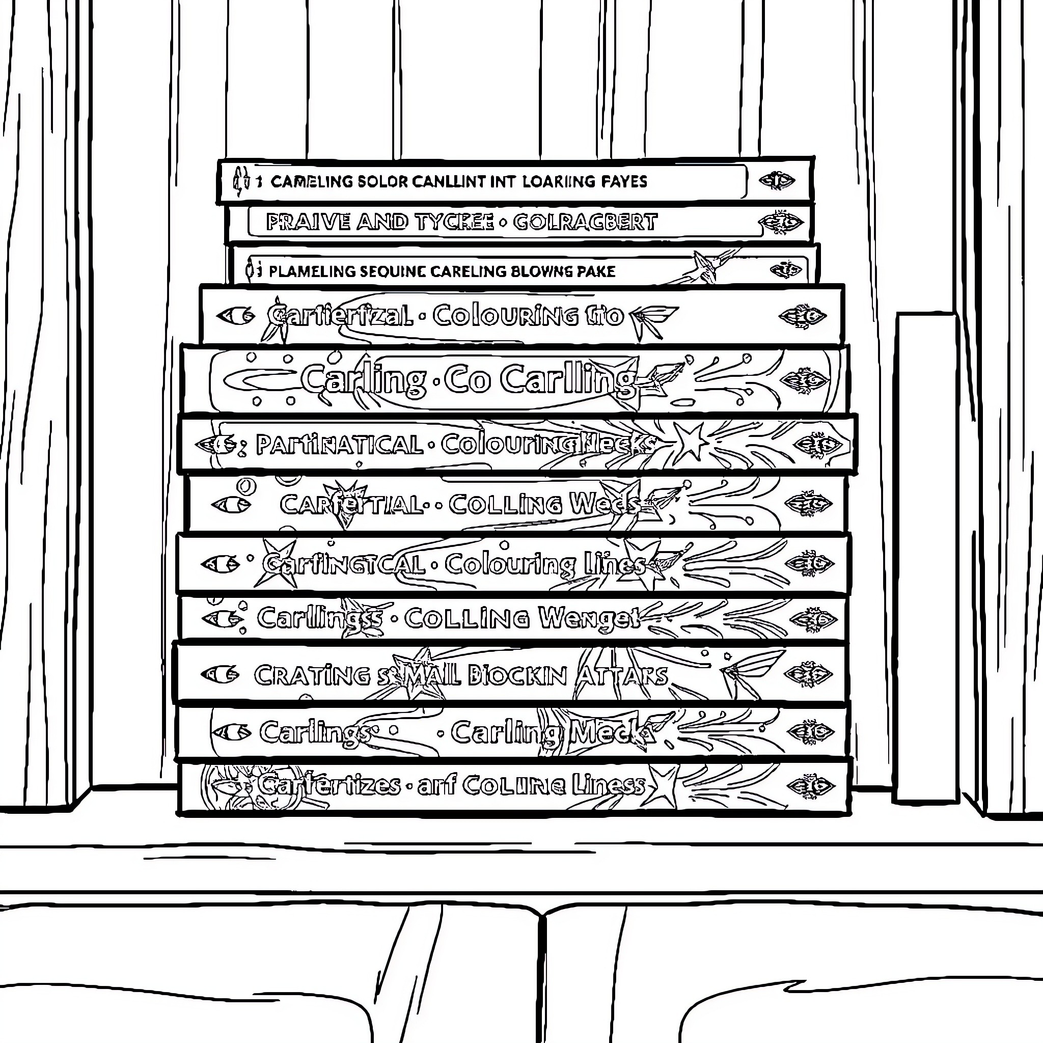 Car parts and accessories on display Coloring Page (free black-and-white line drawing printable PDF for all, from beginners to advanced learners, including children, teens, adults, and seniors)