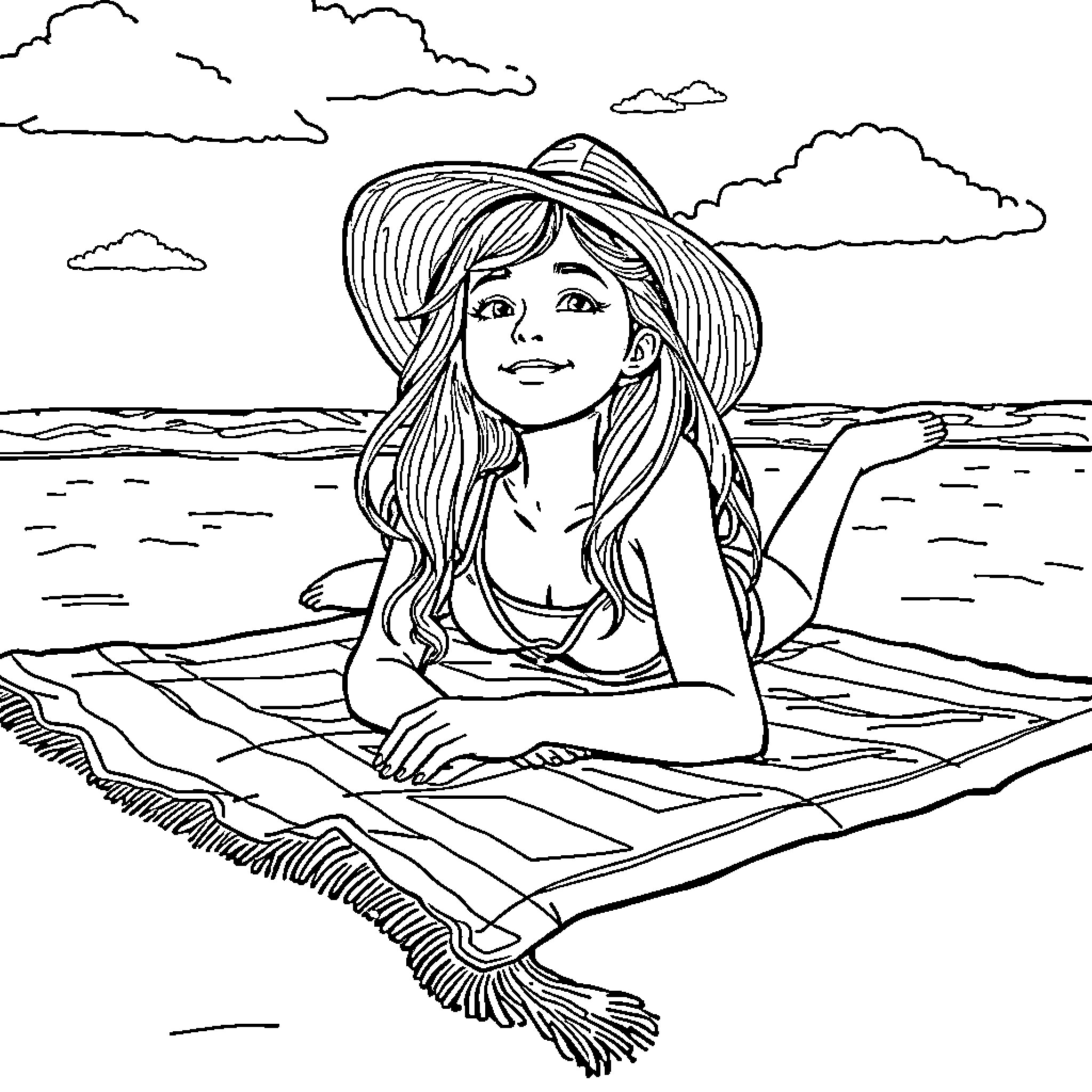 Teen Girl Relaxing on Beach Blanket Coloring Page (free black-and-white line drawing printable PDF for all, from beginners to advanced learners, including children, teens, adults, and seniors)