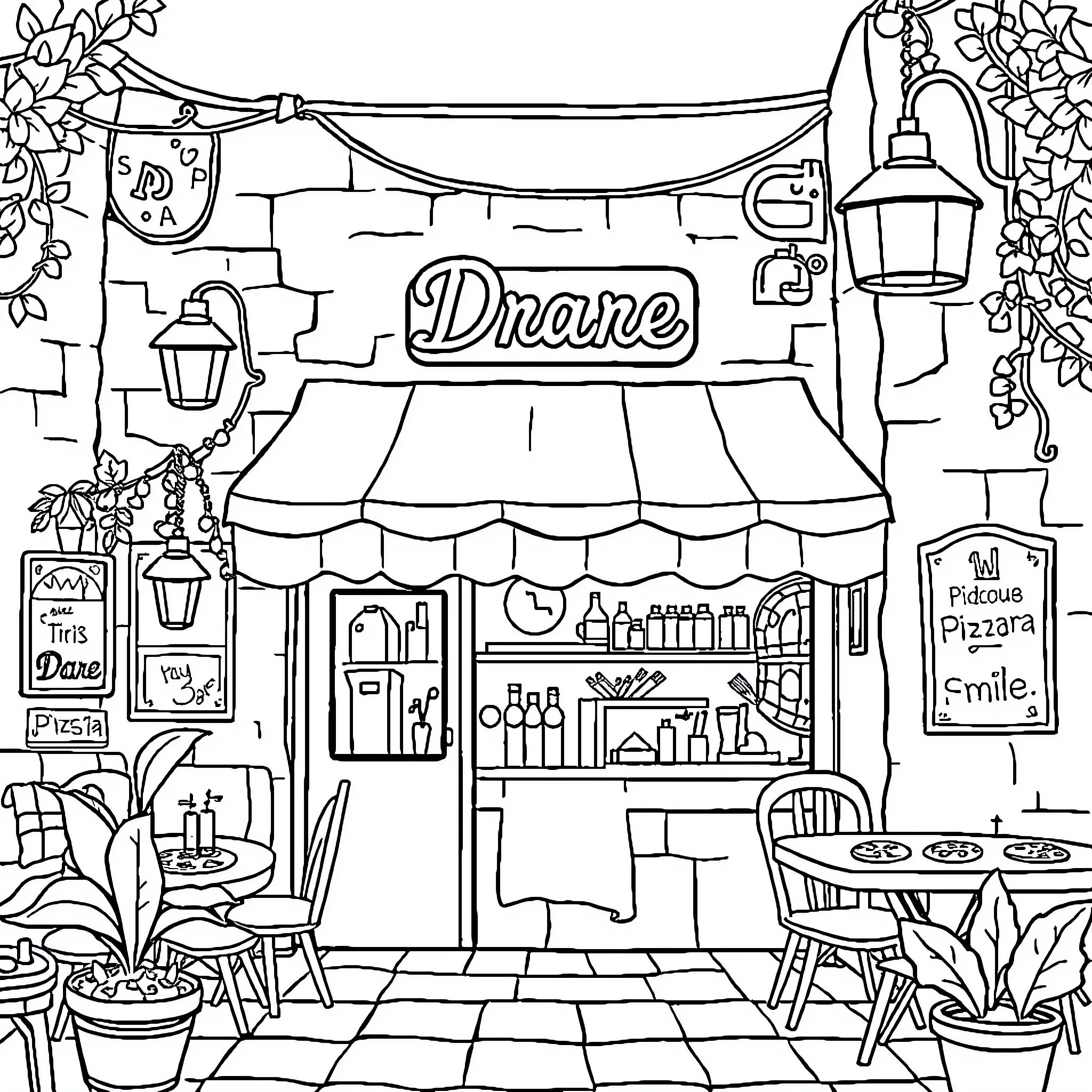 Dare to Explore the Charming Drane Cafe Coloring Page (free black-and-white line drawing printable PDF for all, from beginners to advanced learners, including children, teens, adults, and seniors)