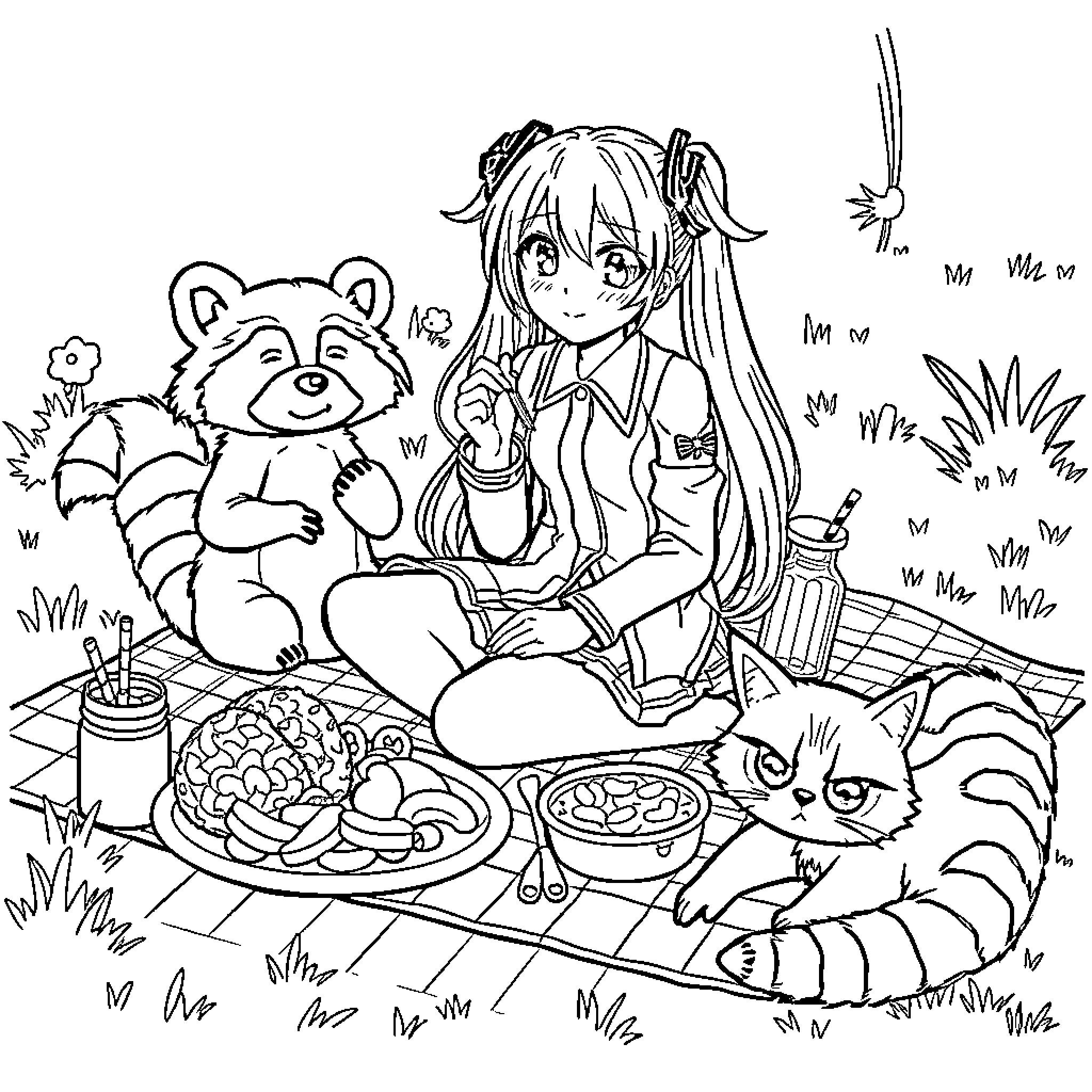 Hatsumi Miku enjoying a picnic with animal friends Coloring Page (free black-and-white line drawing printable PDF for all, from beginners to advanced learners, including children, teens, adults, and seniors)