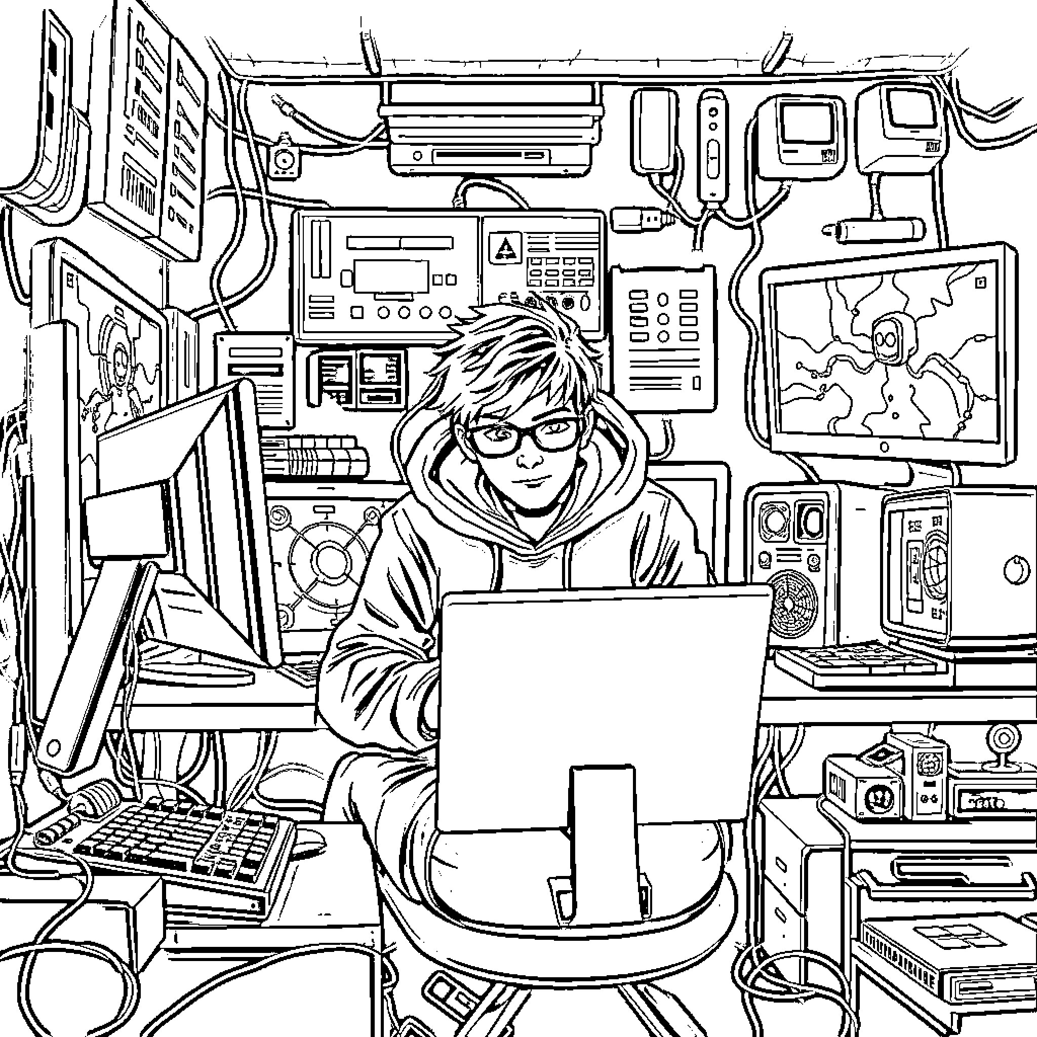 Hacker Intensely Focused on Futuristic Computer Setup Coloring Page (free black-and-white line drawing printable PDF for all, from beginners to advanced learners, including children, teens, adults, and seniors)