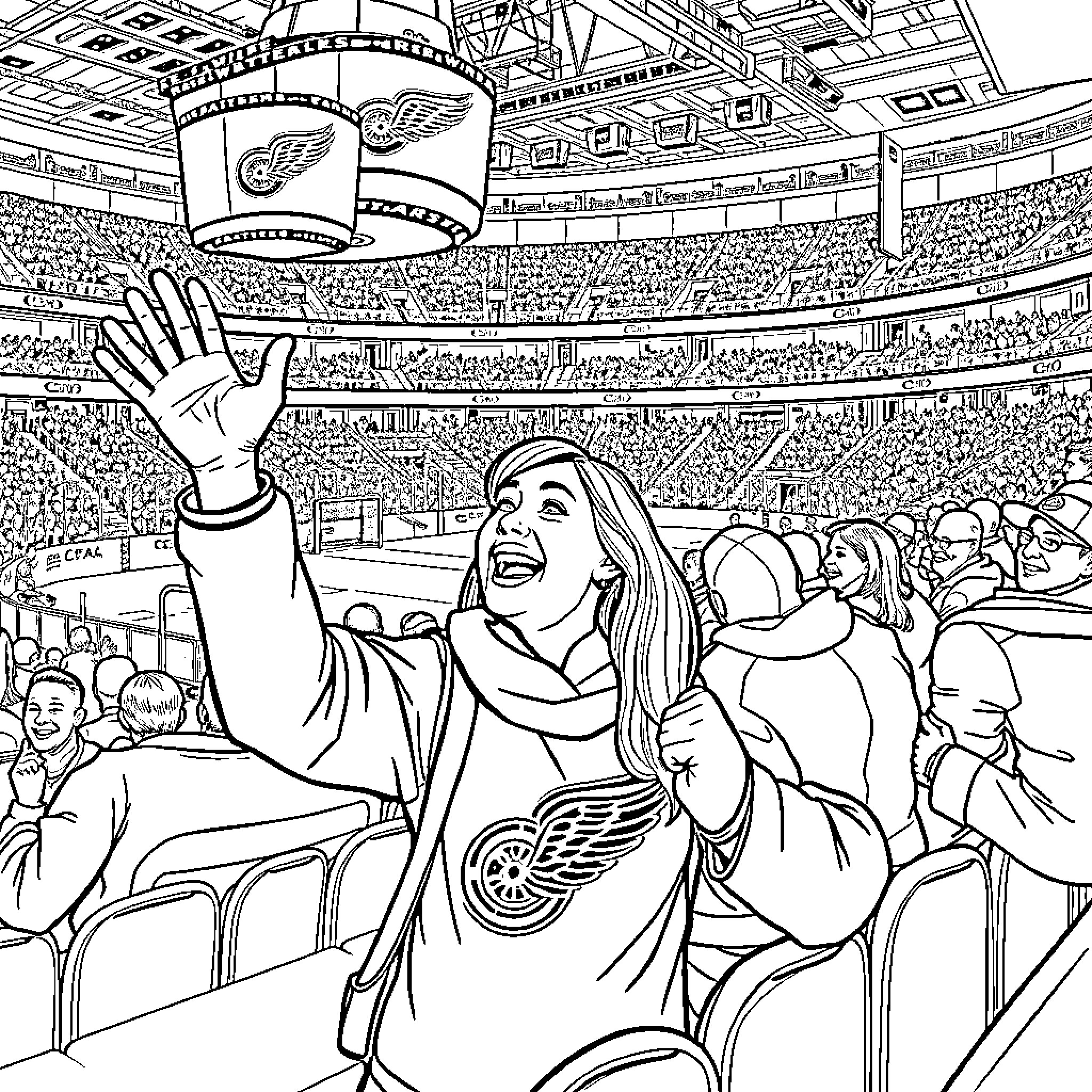 Ms Rachel's Joyful Celebration at the Hockey Game Coloring Page (free black-and-white line drawing printable PDF for all, from beginners to advanced learners, including children, teens, adults, and seniors)