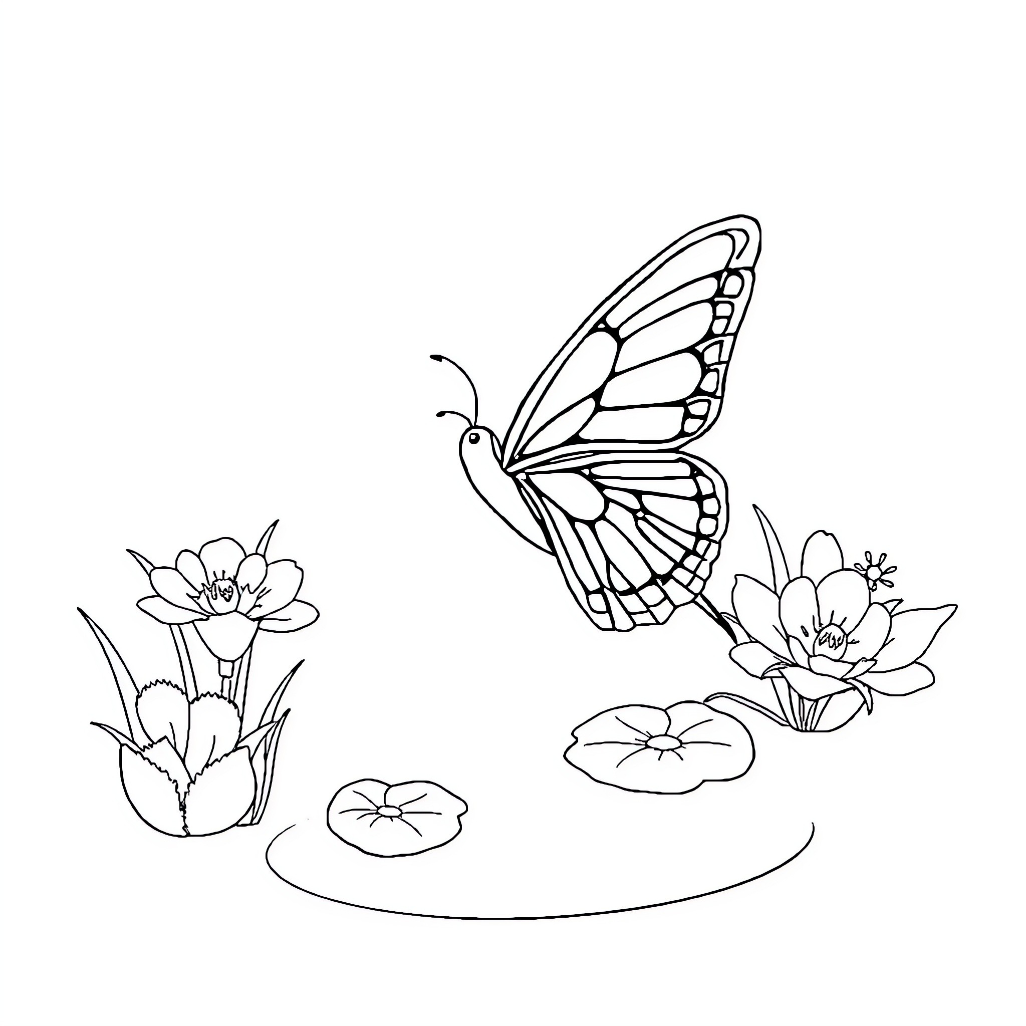 Dragonfly fluttering over flower pond Coloring Page (free black-and-white line drawing printable PDF for all, from beginners to advanced learners, including children, teens, adults, and seniors)