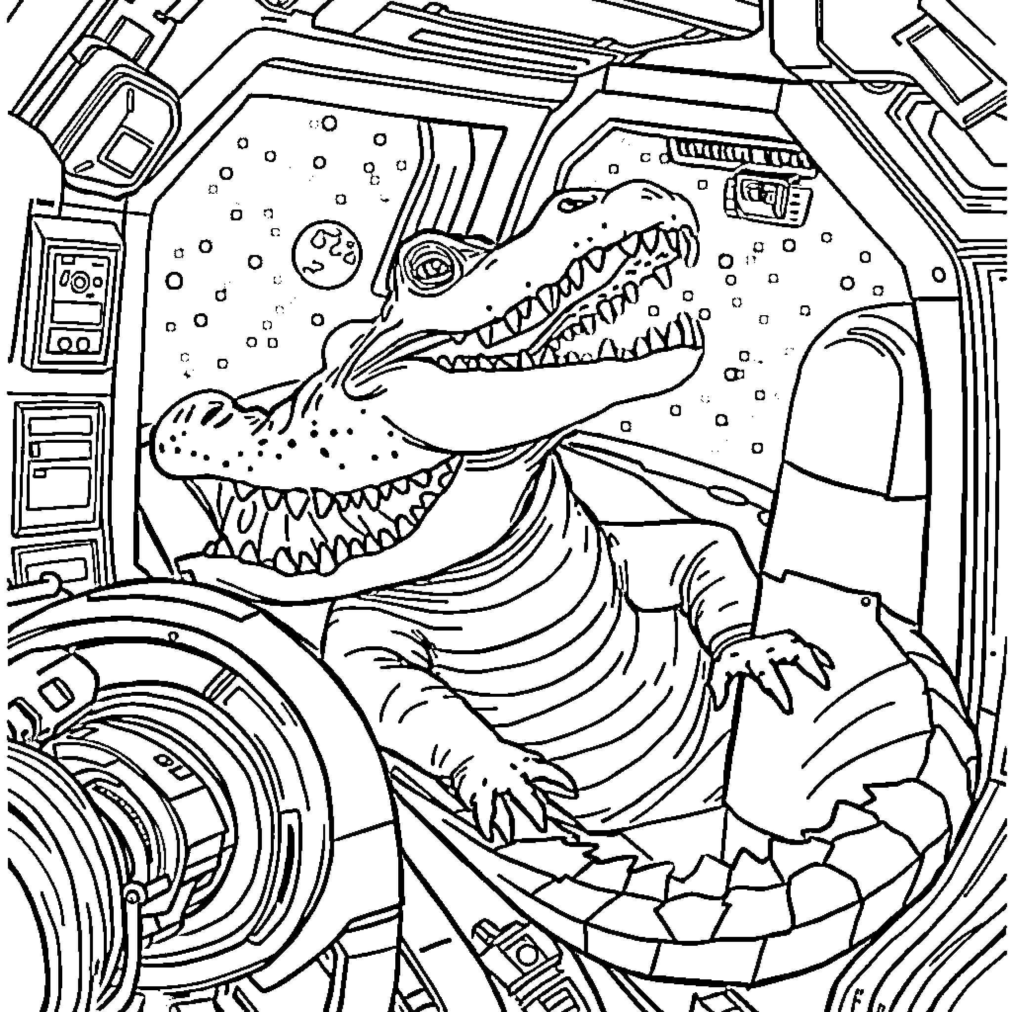 Alligator operating futuristic spacecraft controls Coloring Page (free black-and-white line drawing printable PDF for all, from beginners to advanced learners, including children, teens, adults, and seniors)