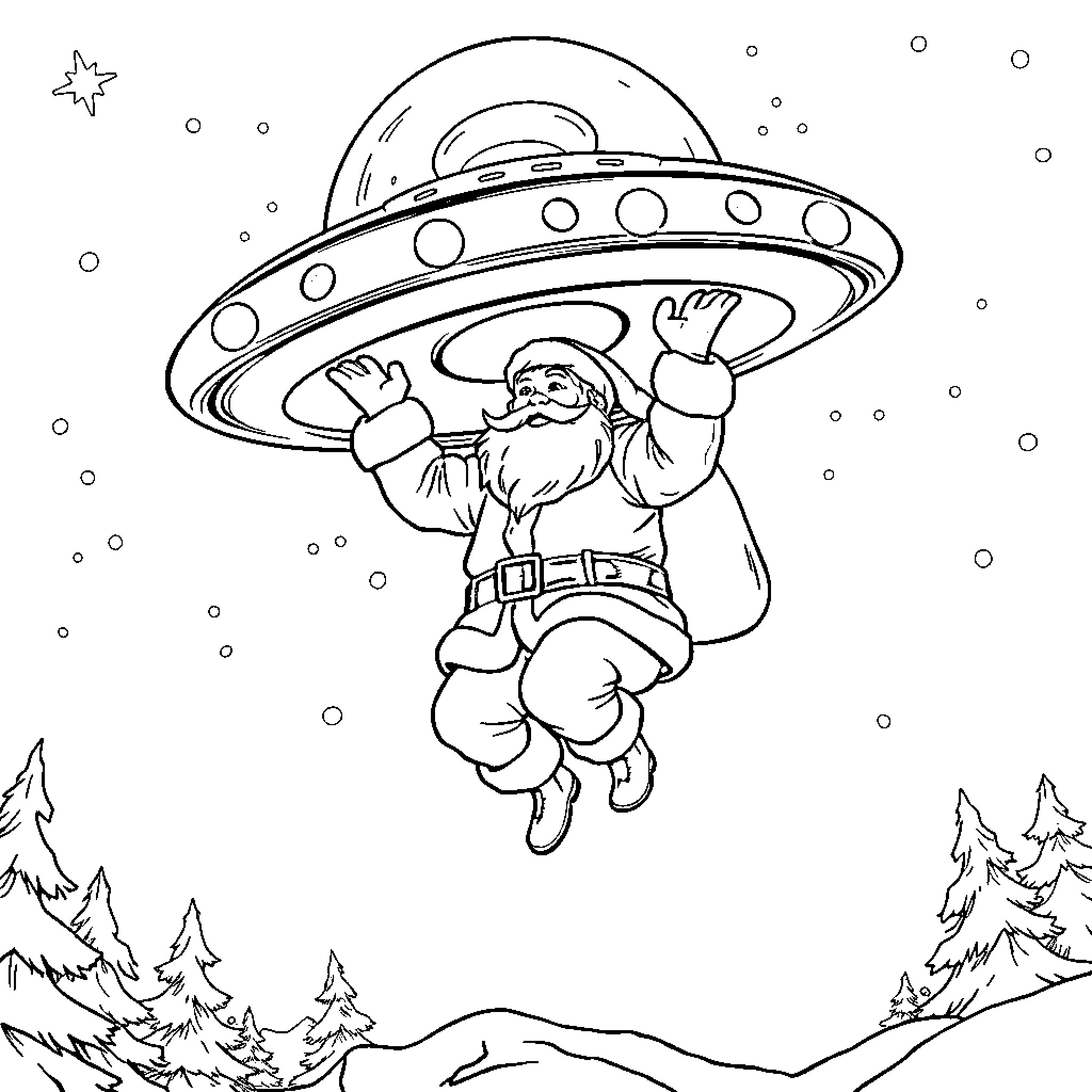 Santa piloting a flying UFO in the night sky Coloring Page (free black-and-white line drawing printable PDF for all, from beginners to advanced learners, including children, teens, adults, and seniors)