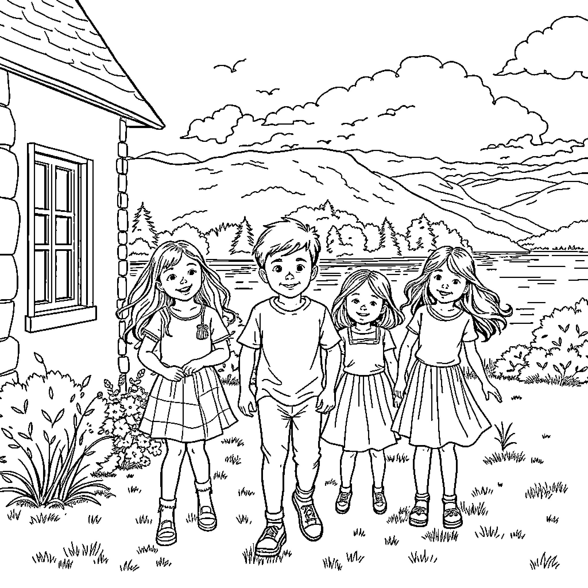 Child friends exploring outdoor landscape Coloring Page (free black-and-white line drawing printable PDF for all, from beginners to advanced learners, including children, teens, adults, and seniors)