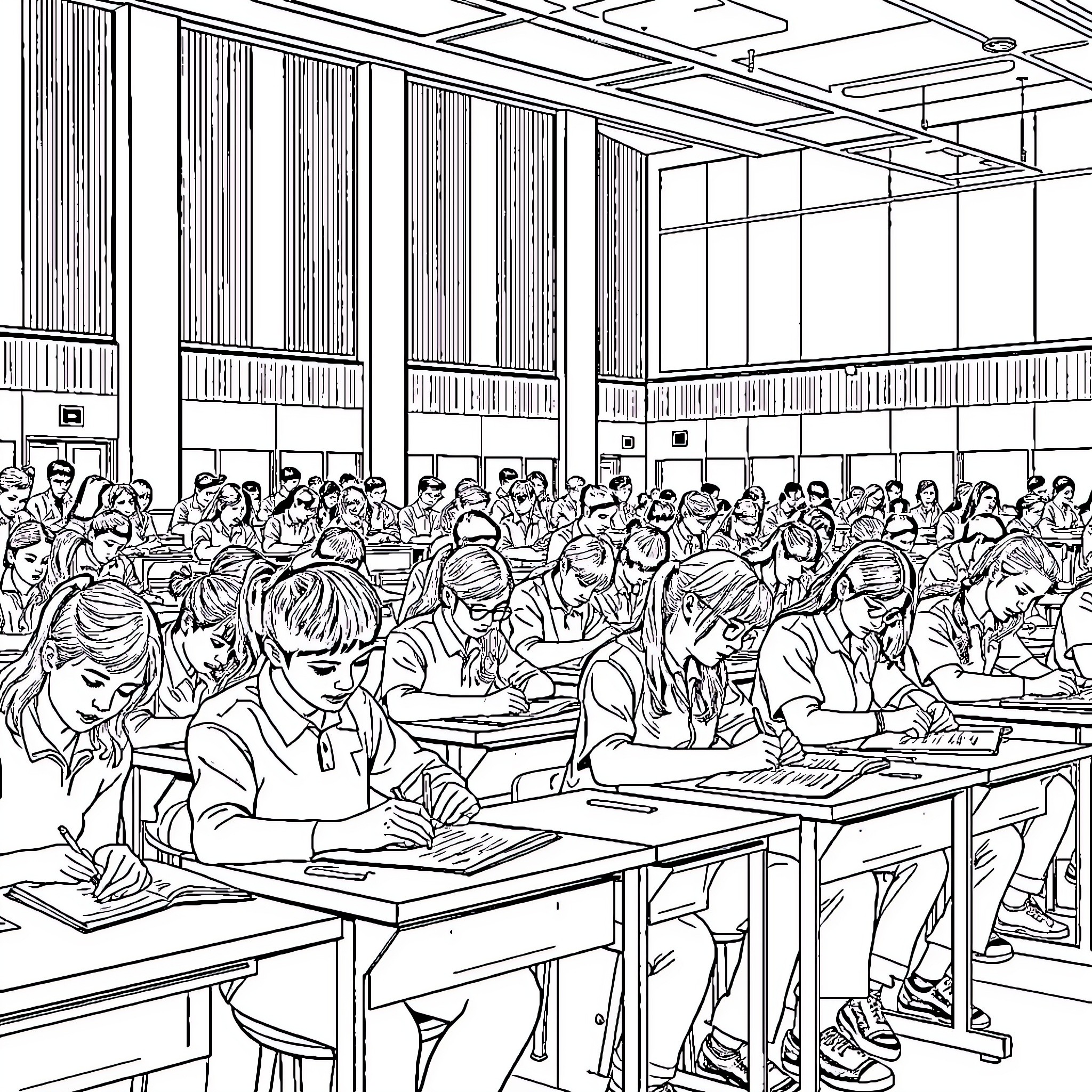 Students Focused on Classroom Studies and Activities Coloring Page (free black-and-white line drawing printable PDF for all, from beginners to advanced learners, including children, teens, adults, and seniors)