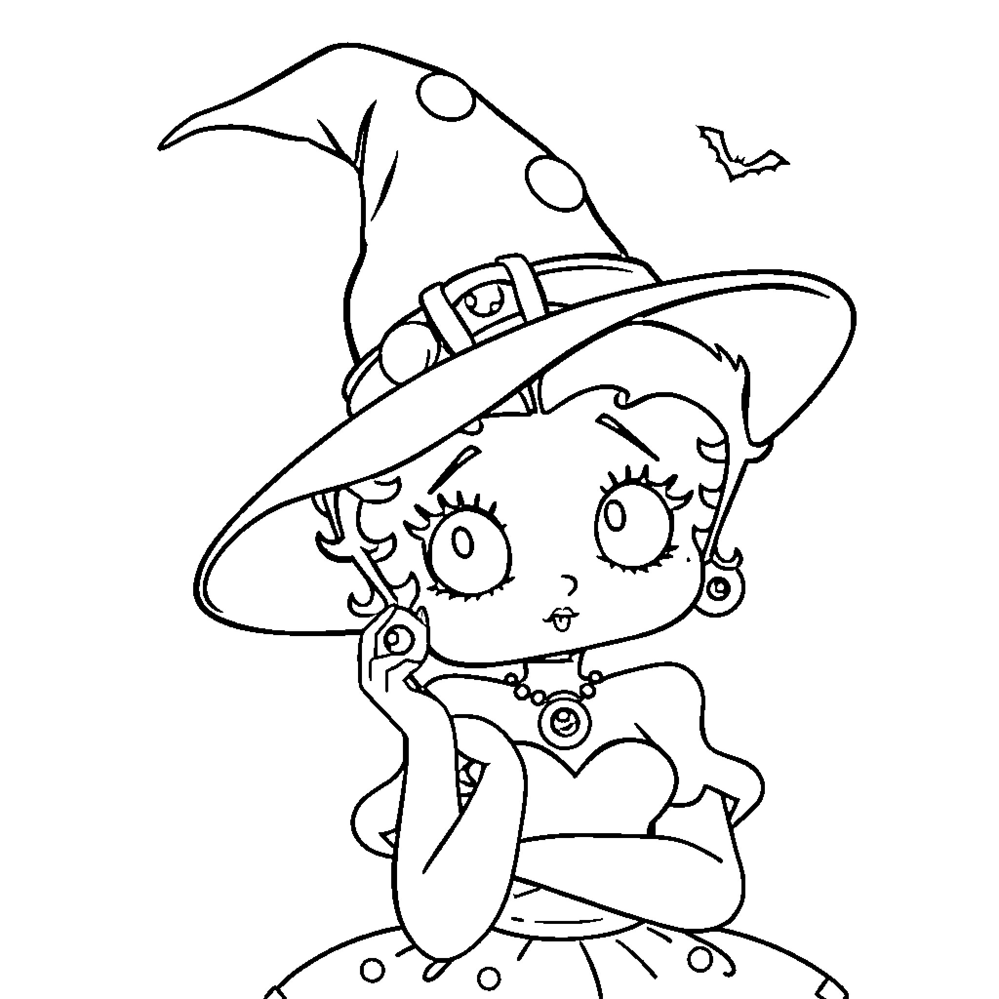 Betty Boop as a Whimsical Witch Coloring Page (free black-and-white line drawing printable PDF for all, from beginners to advanced learners, including children, teens, adults, and seniors)