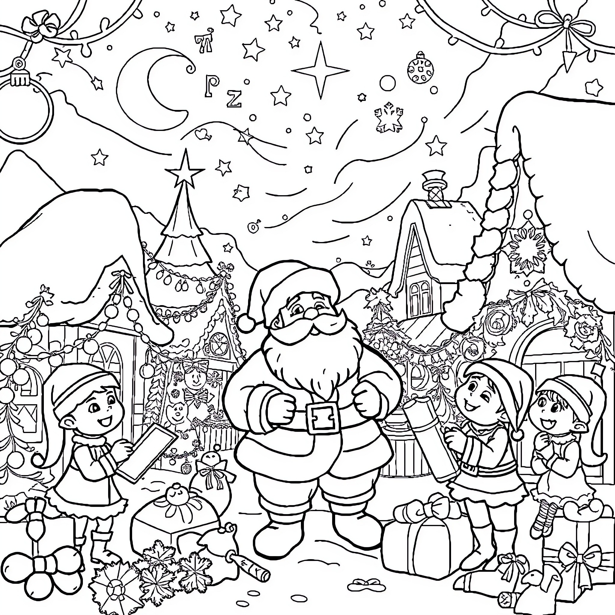 Santa's Enchanting Winter Wonderland Coloring Page (free black-and-white line drawing printable PDF for all, from beginners to advanced learners, including children, teens, adults, and seniors)