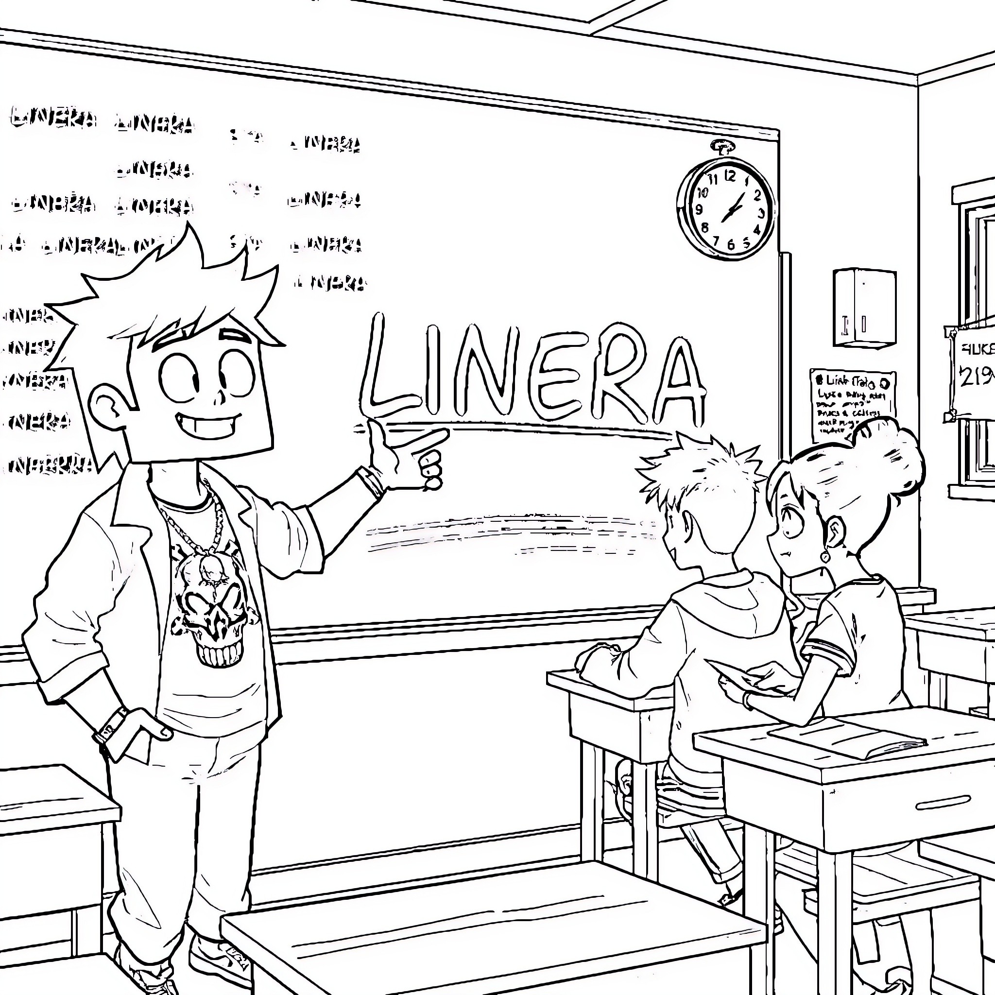 Classroom with students and teacher's lesson Coloring Page (free black-and-white line drawing printable PDF for all, from beginners to advanced learners, including children, teens, adults, and seniors)