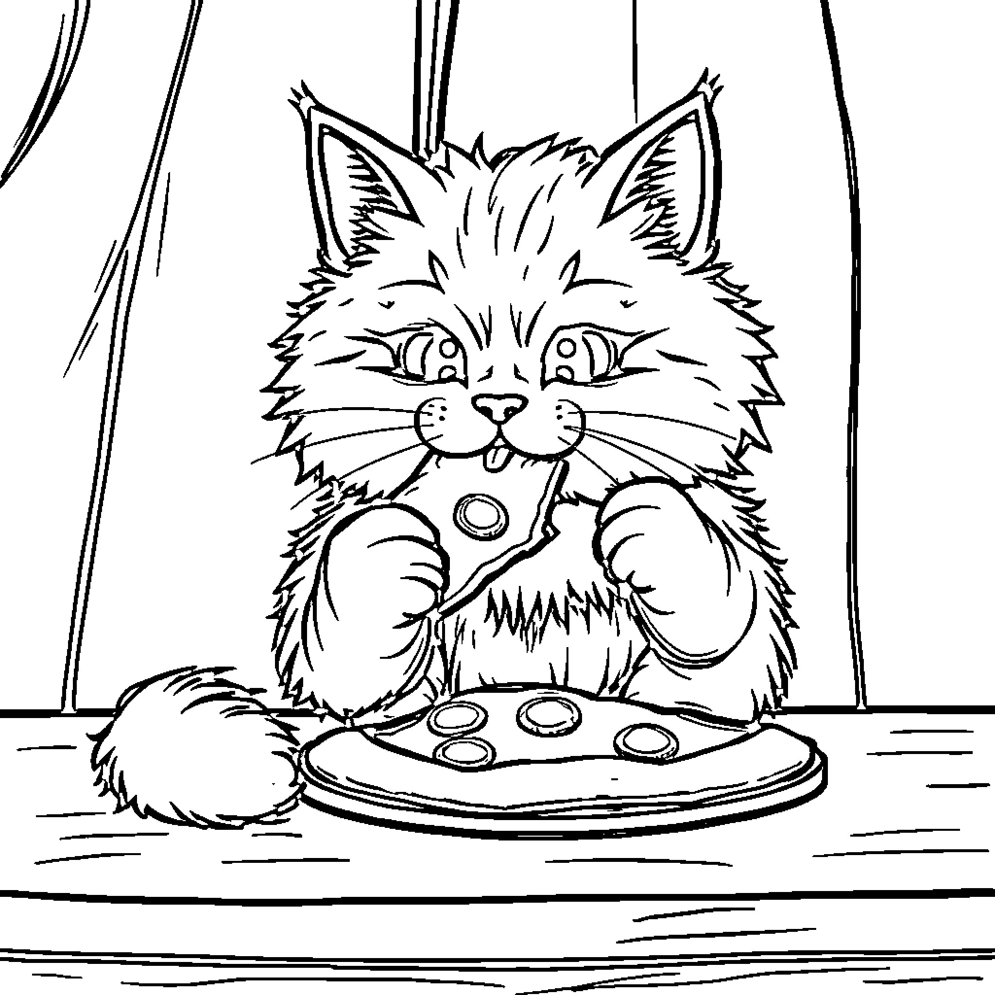 Cat enjoying a delicious meal Coloring Page (free black-and-white line drawing printable PDF for all, from beginners to advanced learners, including children, teens, adults, and seniors)