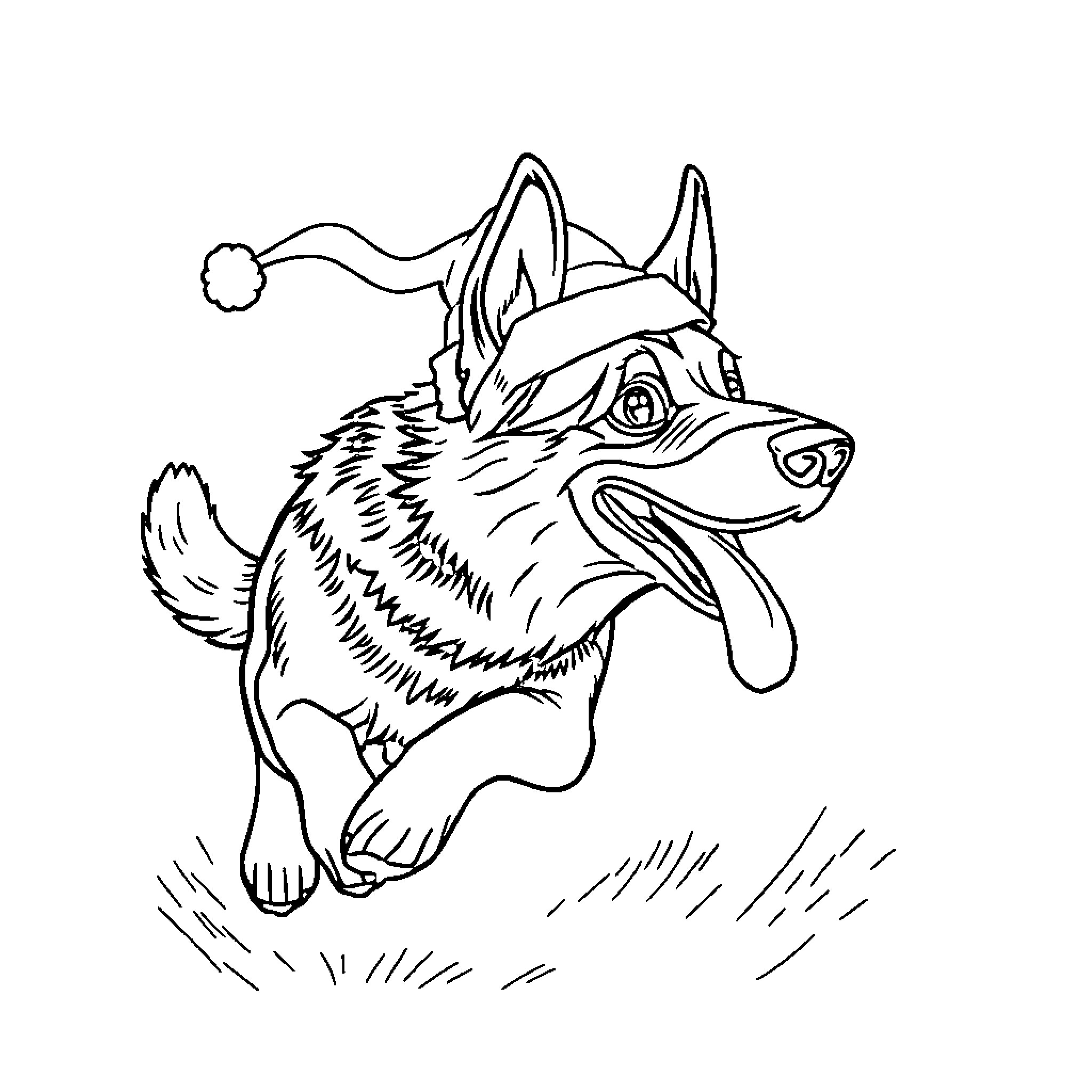German Shepherd playing in the rain Coloring Page (free black-and-white line drawing printable PDF for all, from beginners to advanced learners, including children, teens, adults, and seniors)