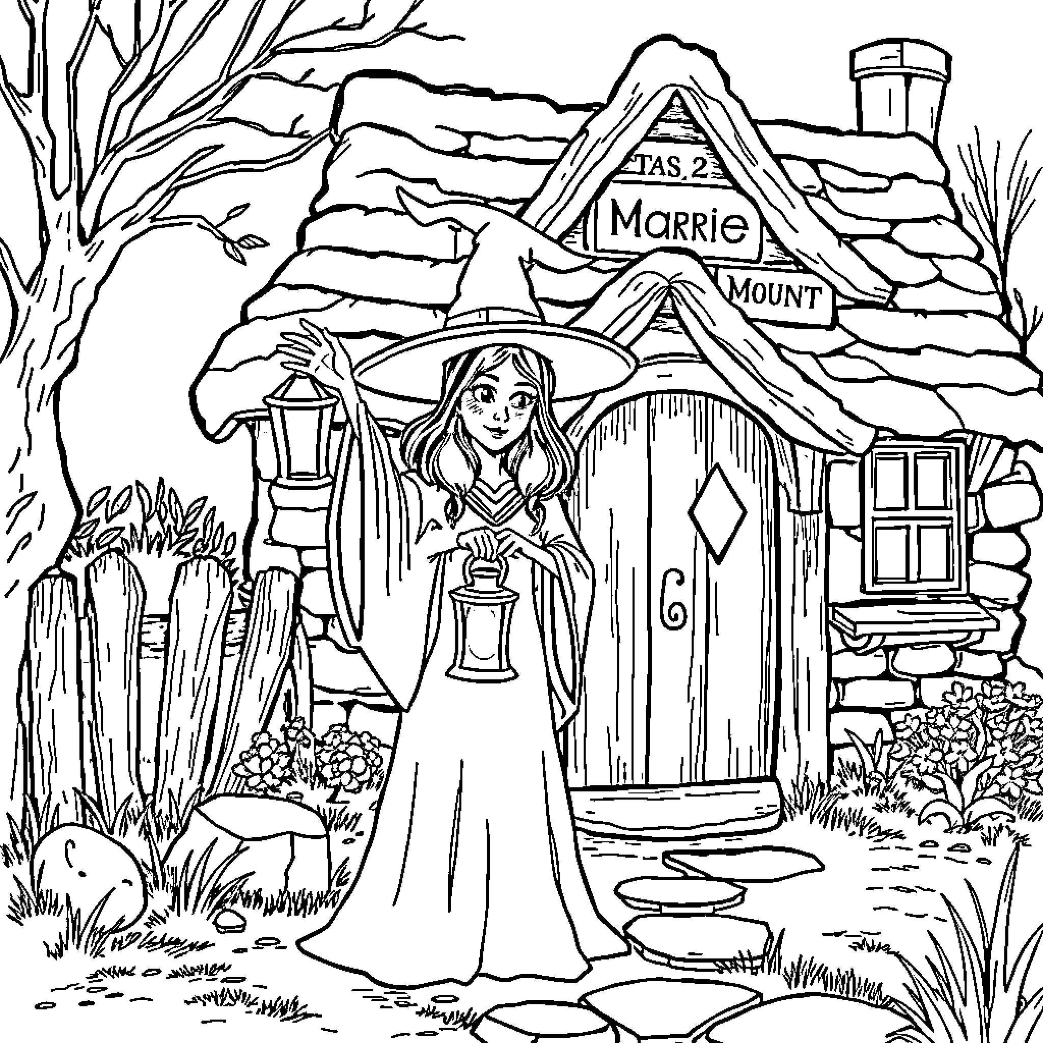 Witch standing in front of Morrie Mount cabin Coloring Page (free black-and-white line drawing printable PDF for all, from beginners to advanced learners, including children, teens, adults, and seniors)
