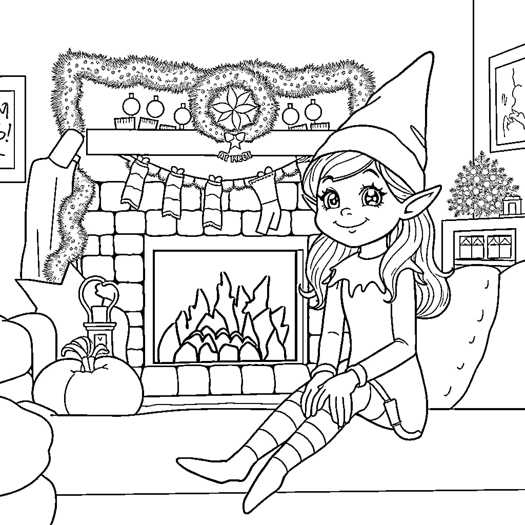 Elf Enjoying Cozy Winter Scene by Fireplace Coloring Page (free black-and-white line drawing printable PDF for all, from beginners to advanced learners, including children, teens, adults, and seniors)