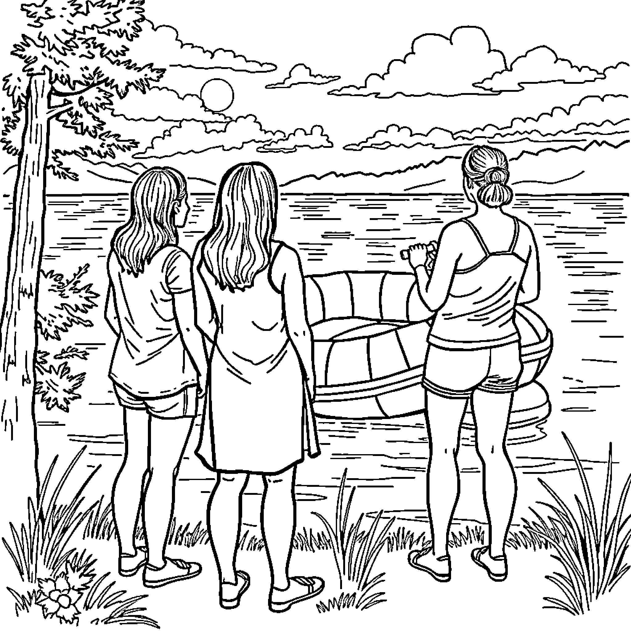 Women enjoying a scenic lakefront view Coloring Page (free black-and-white line drawing printable PDF for all, from beginners to advanced learners, including children, teens, adults, and seniors)