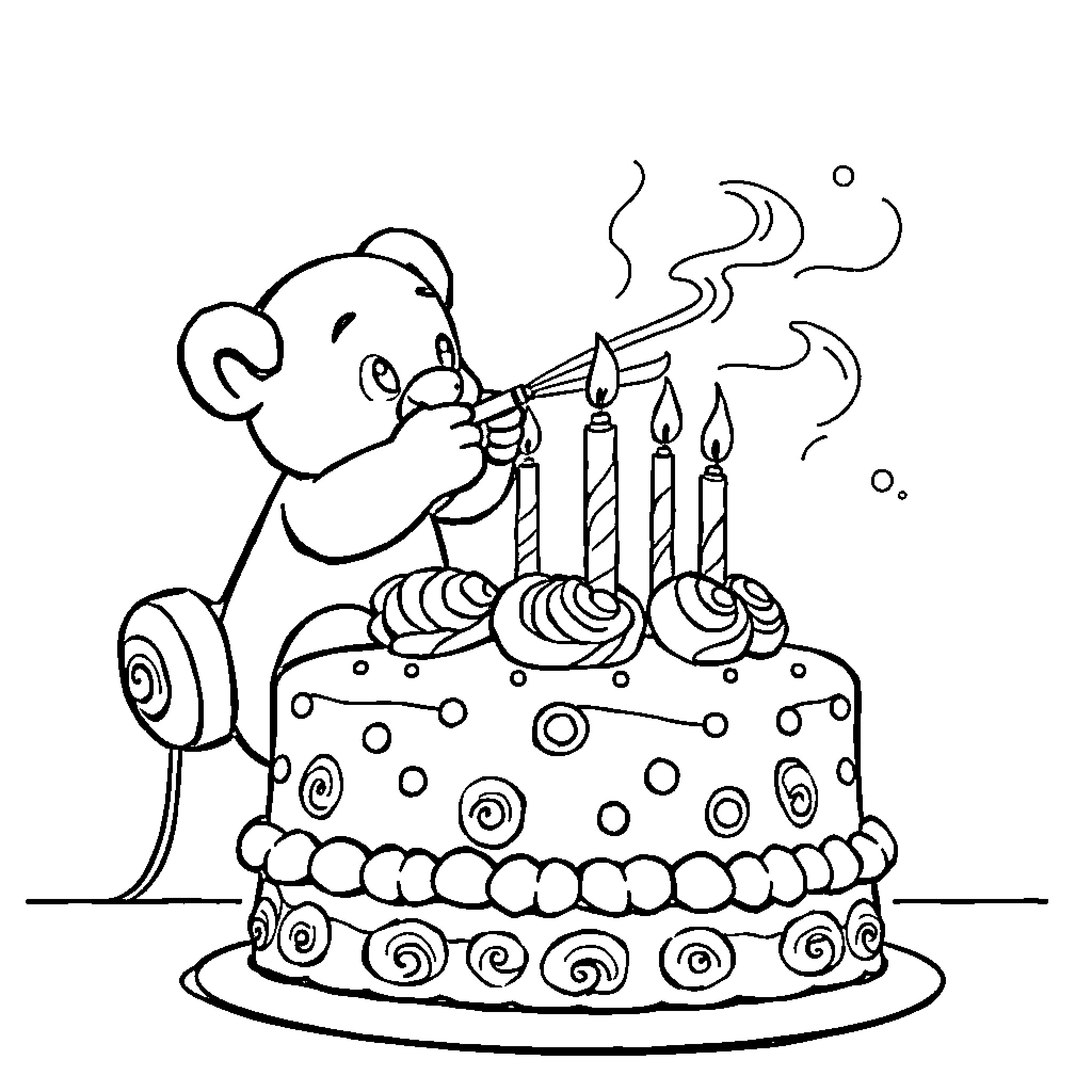Stitch blowing candles on a decorated birthday cake Coloring Page (free black-and-white line drawing printable PDF for all, from beginners to advanced learners, including children, teens, adults, and seniors)